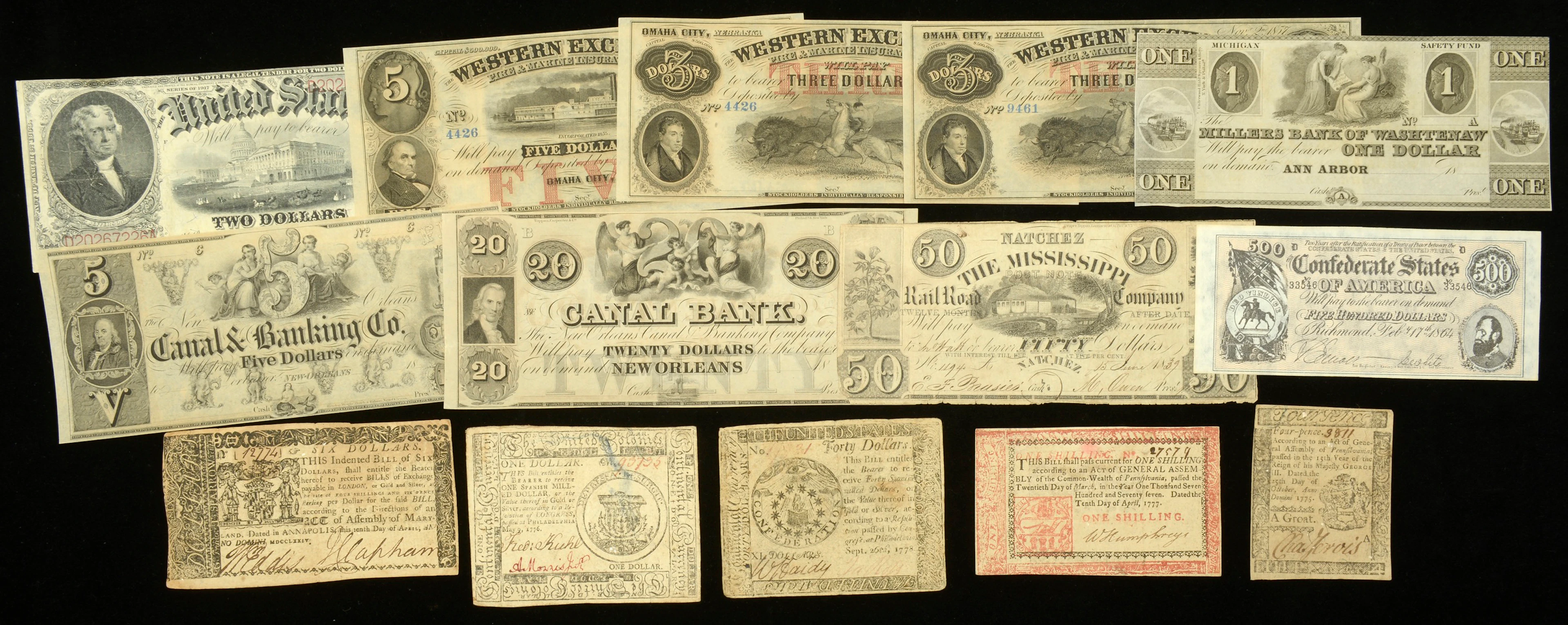 A Mixed Group of United States Banknotes, including a $2 legal tender