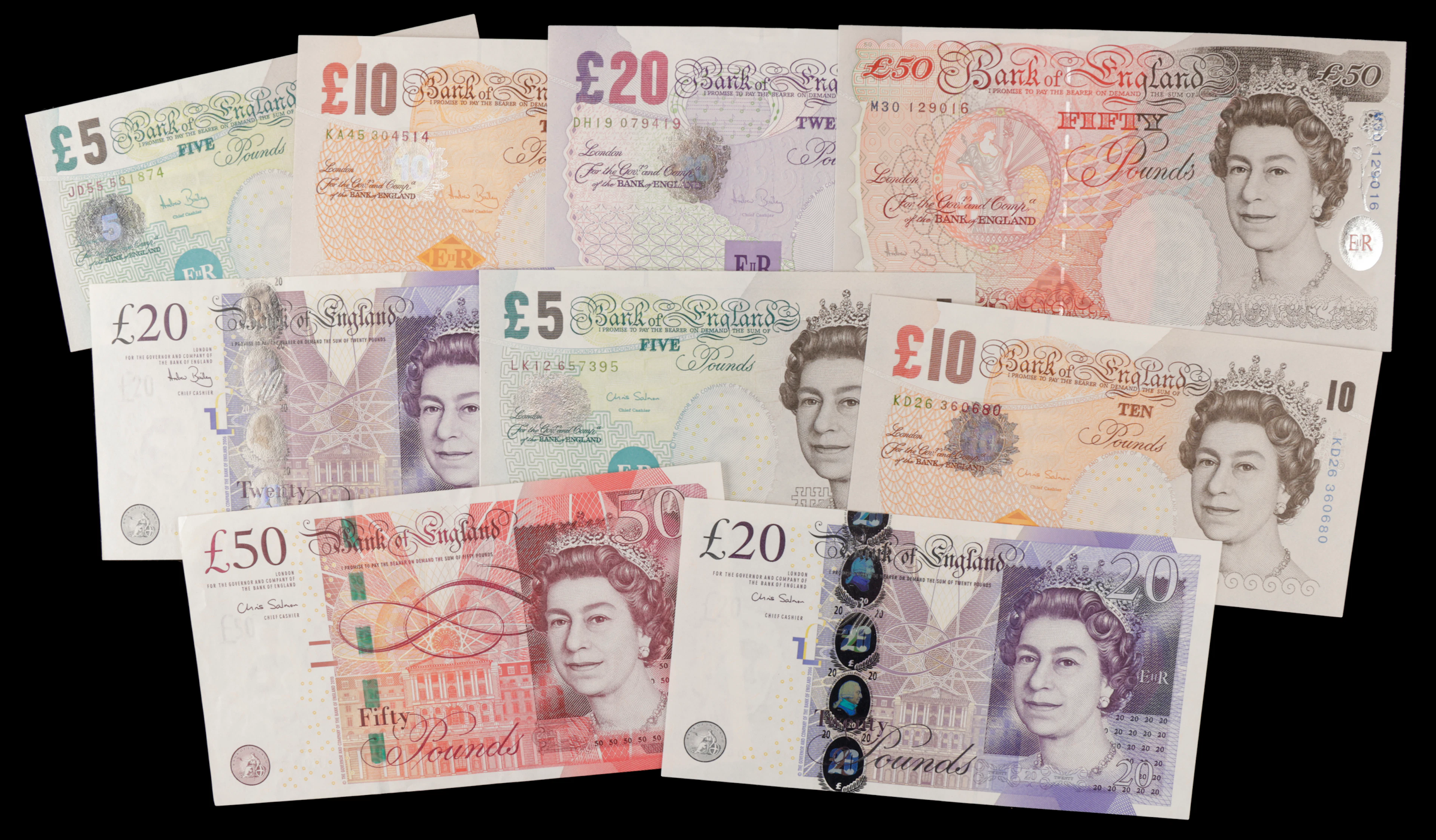 Bank of England, Andrew J. Bailey, a set comprising £5, £10, £20