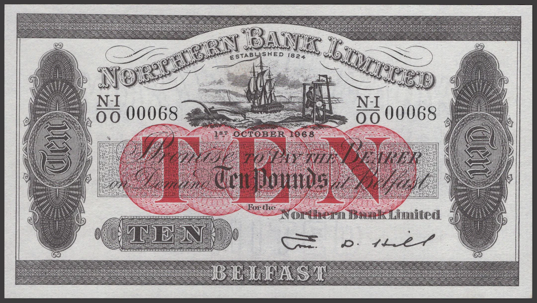 Northern Bank Limited, £10, 1 October 1968, serial number N-I/00 00068