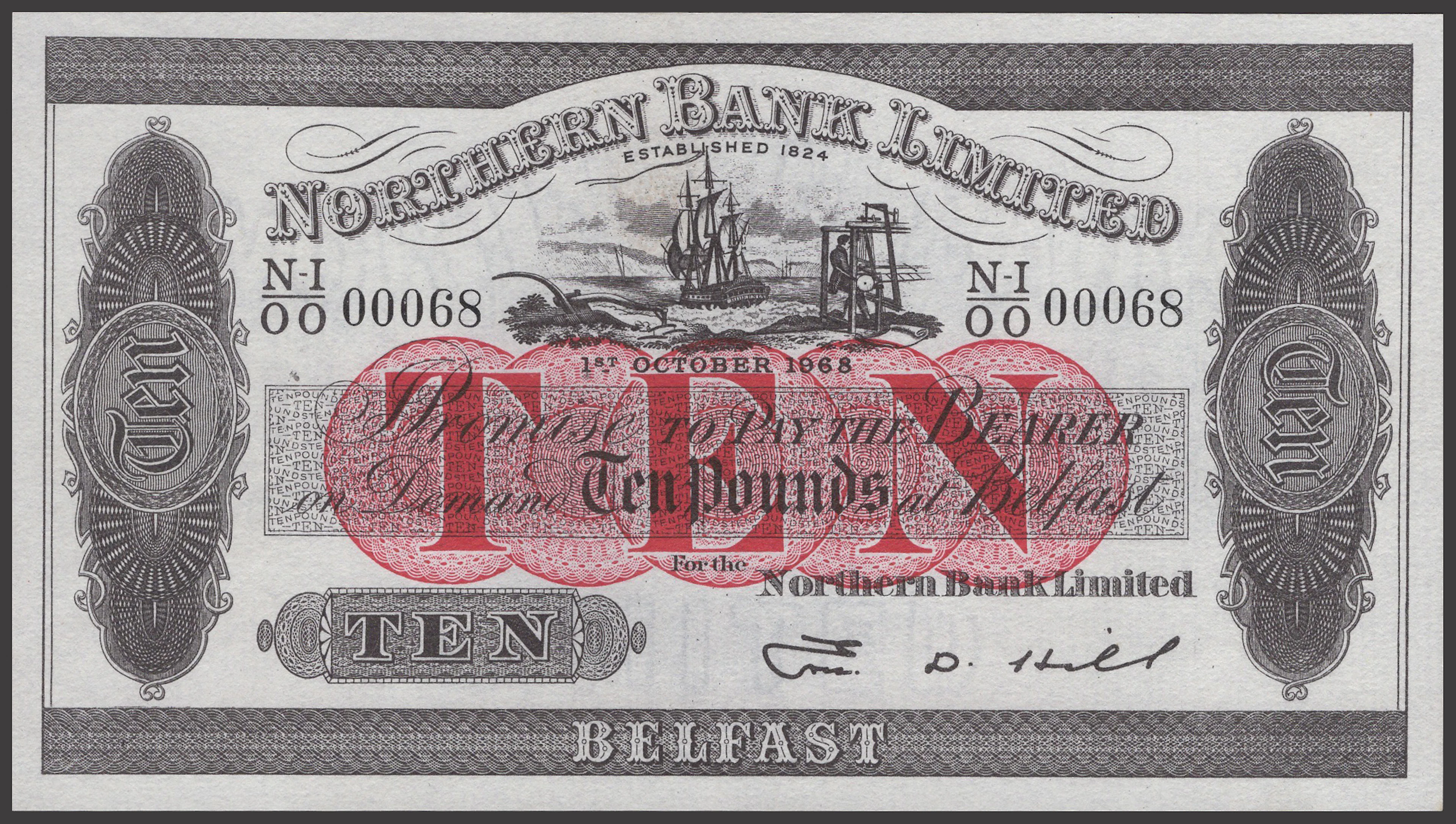 Northern Bank Limited, £10, 1 October 1968, serial number N-I/00 00068