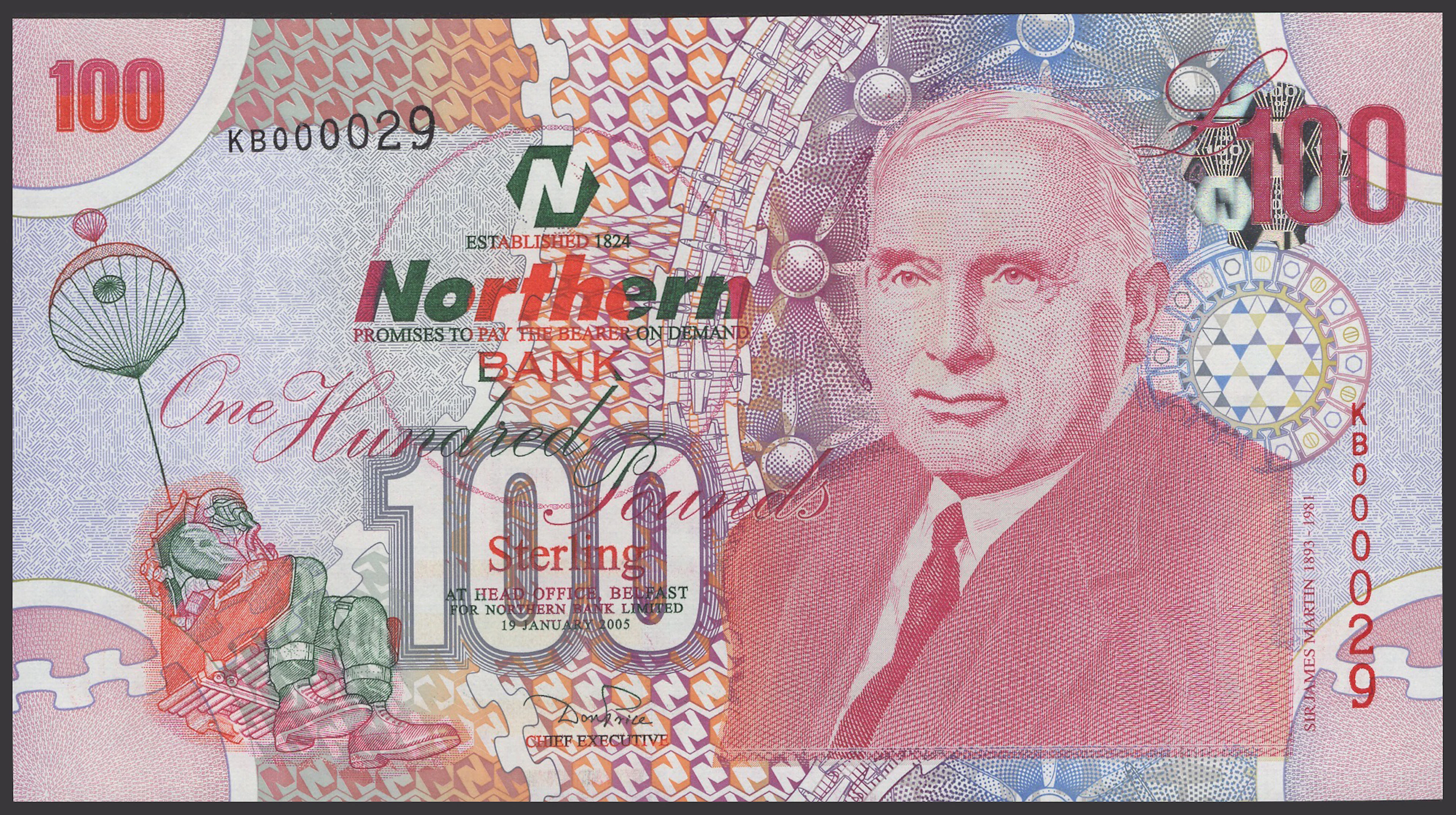 Northern Bank Limited, £100, 19 January 2005, serial number KB000029