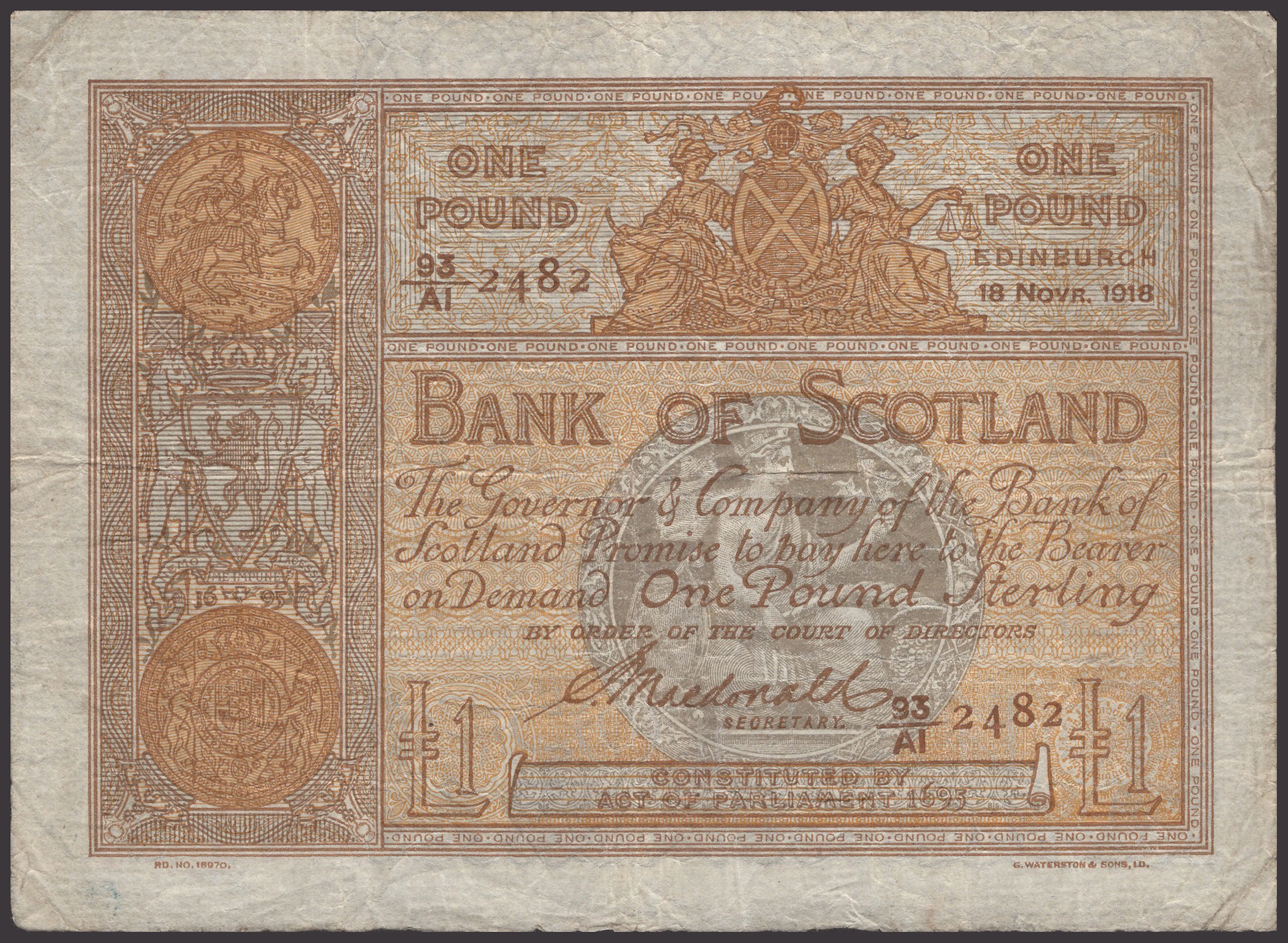 Bank of Scotland, £1, 18 November 1918, serial number 93/AI 2482