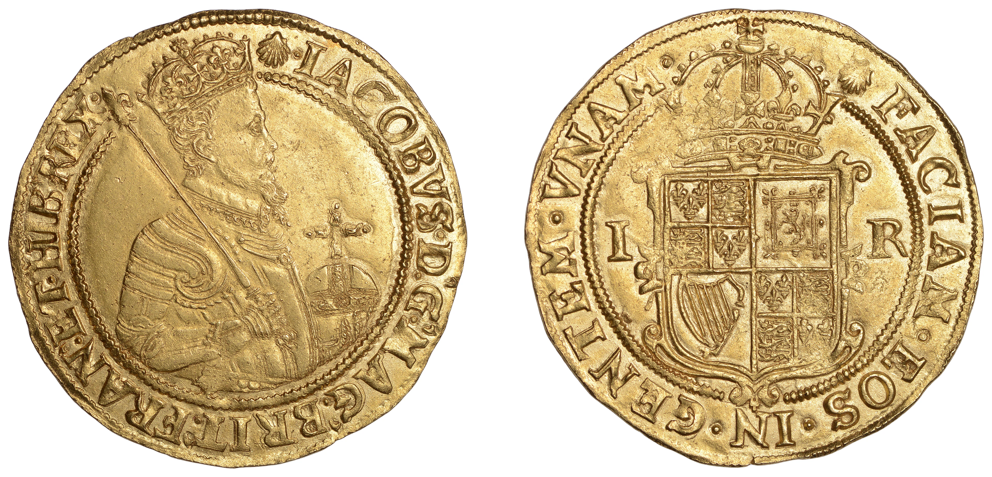 JAMES I, Second Coinage: Unite of Twenty Shillings, mm. escallop [1606-7]