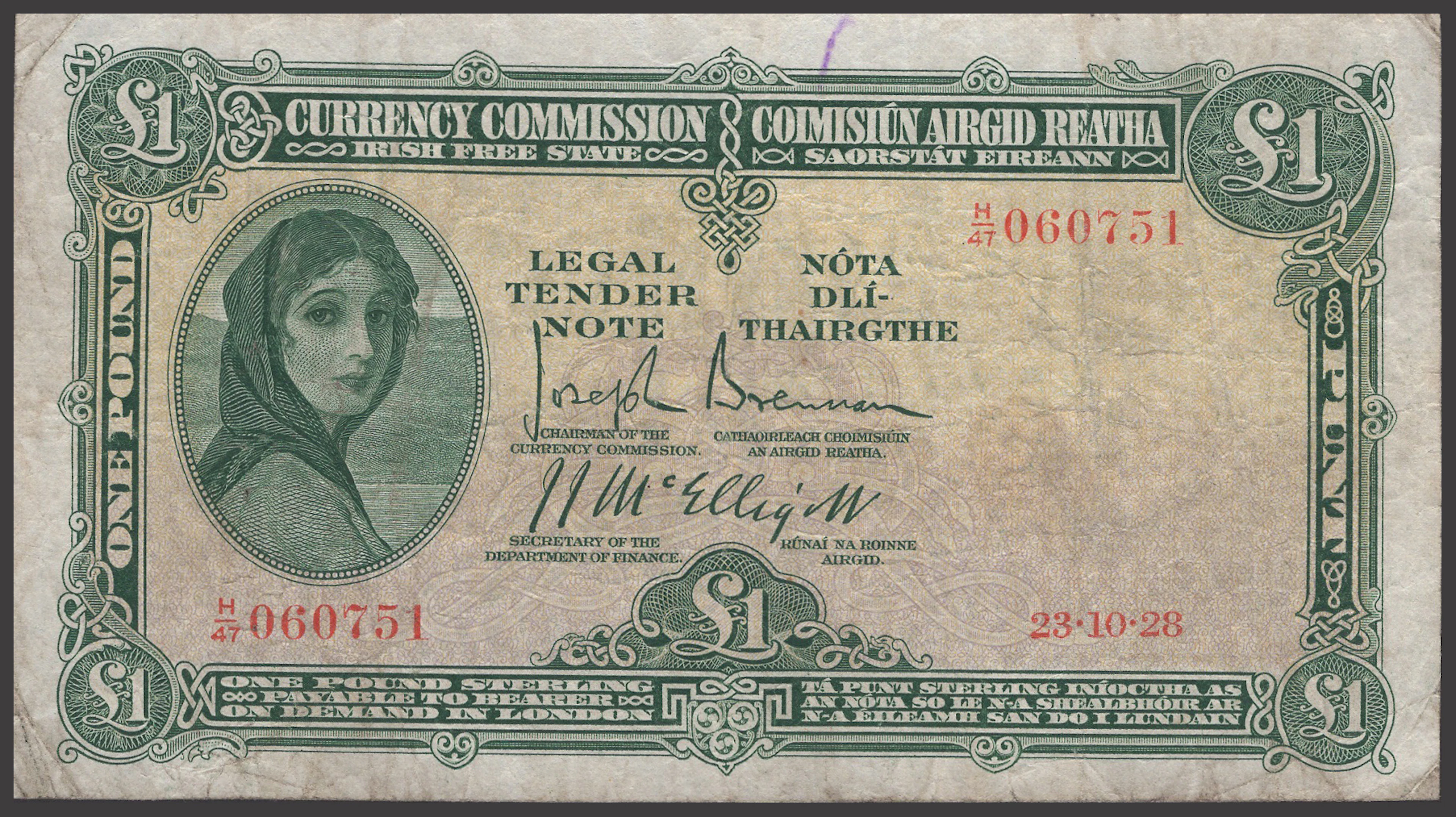 Currency Commission, Irish Free State, £1, 23 September 1928, serial