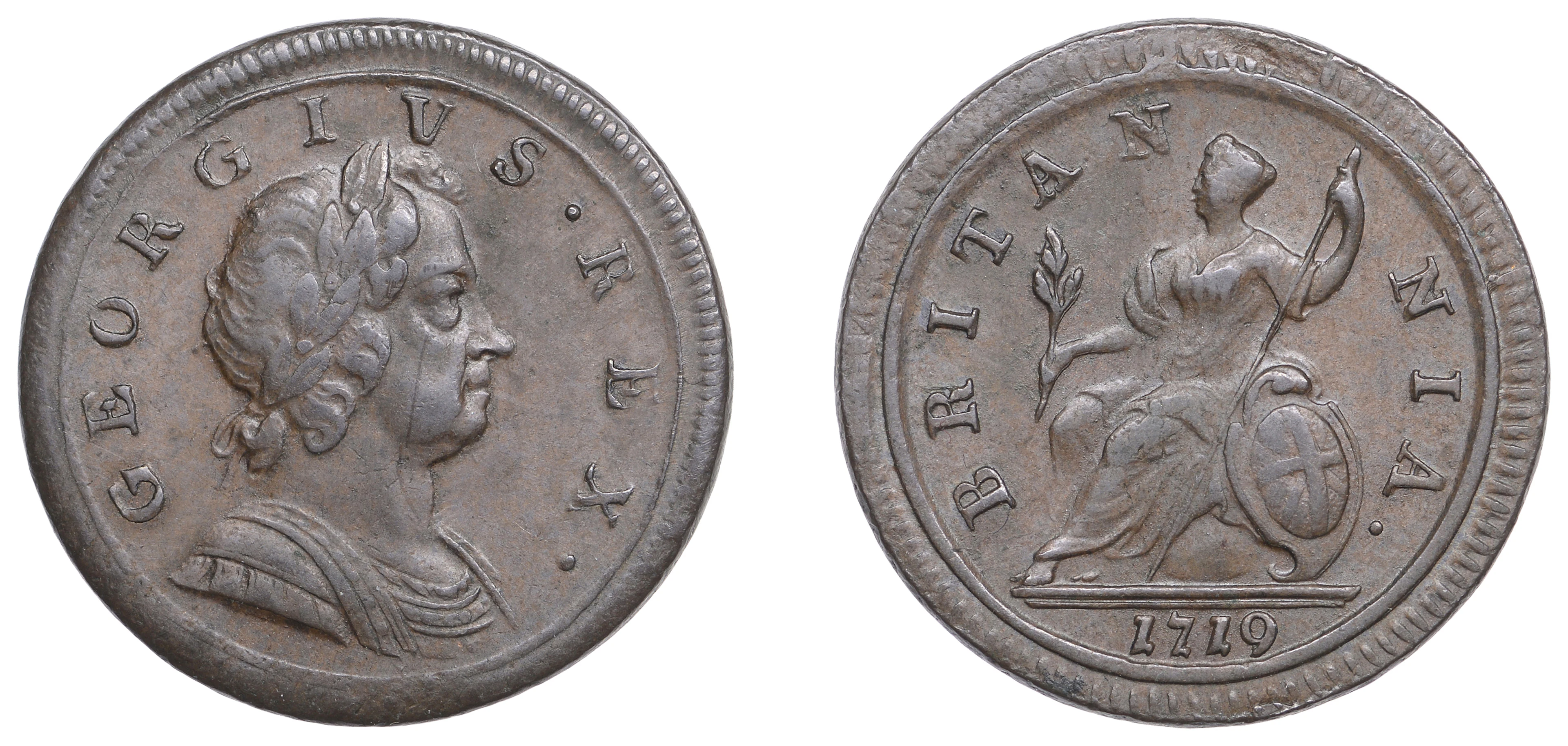 George I (1714-1727), Halfpenny, 1719, obv. 1, two ornate shoulder