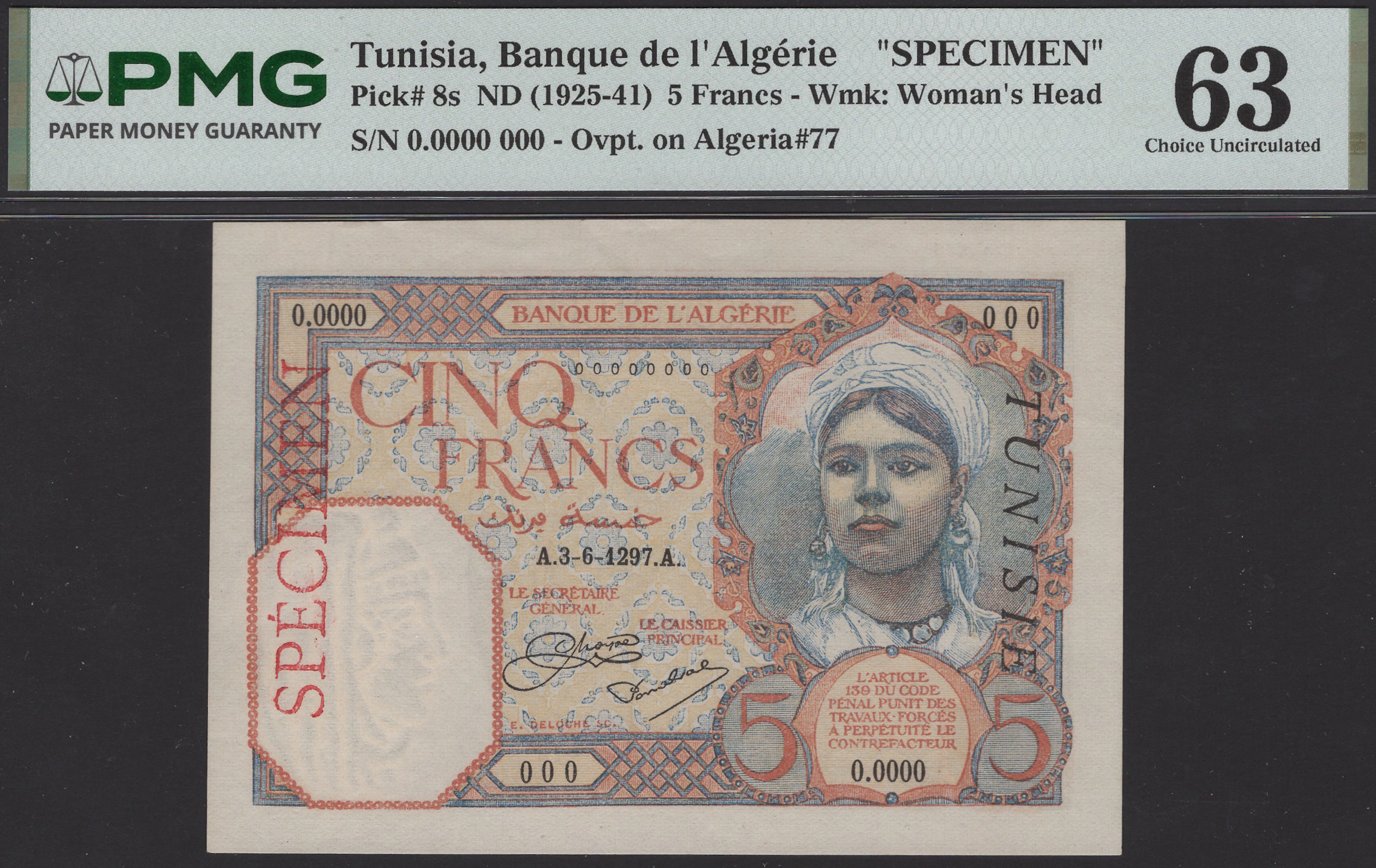 Banque de l‘Algerie, Tunisia, specimen 5 Francs, 3 June 1297 (1925-33)