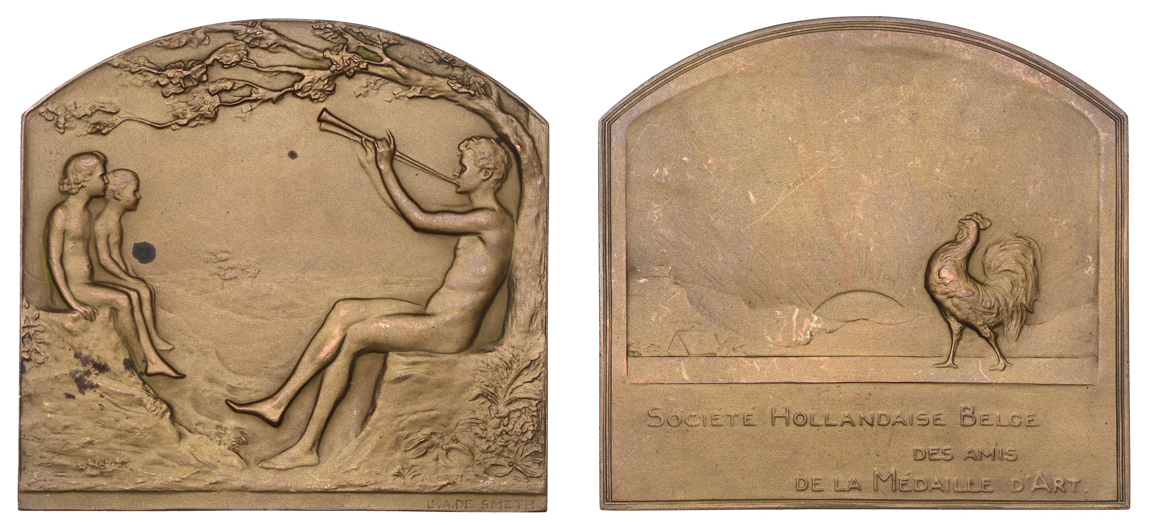 BELGIUM, La Musique, 1911, a light bronze plaque by L.A. de Smeth