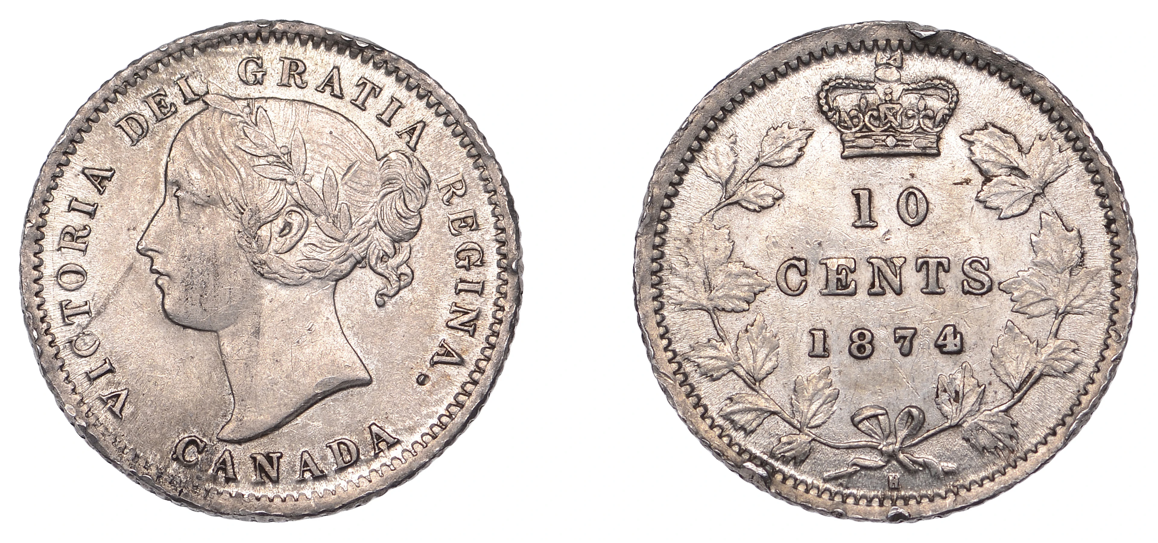 Canada, Victoria, 10 Cents, 1874h, Heaton mint (KM 3). Some edge knocks
