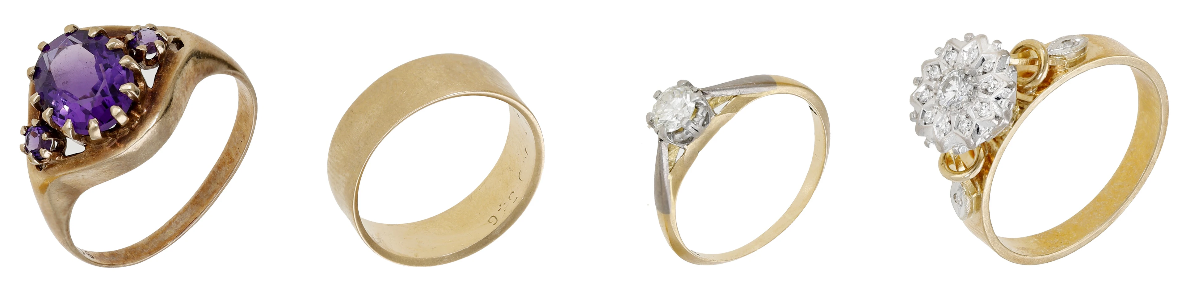 A collection of four rings, comprising a diamond cluster ring, stamped