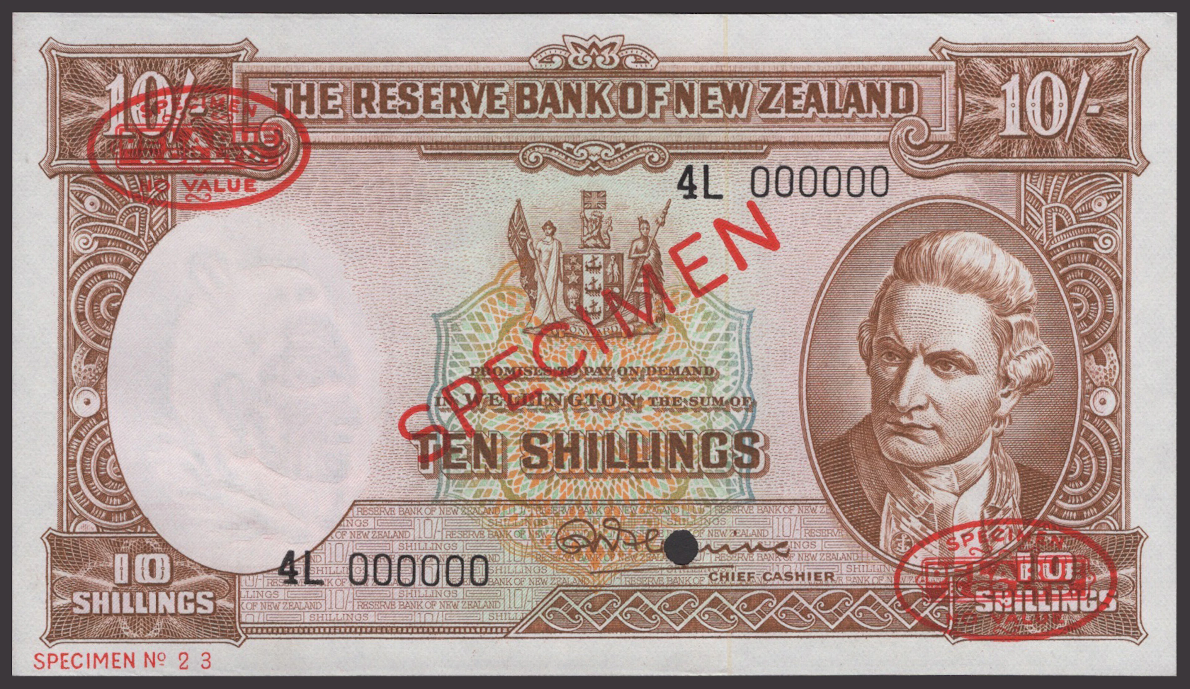 Reserve Bank of New Zealand, specimen 10 Shillings, ND (1958), serial