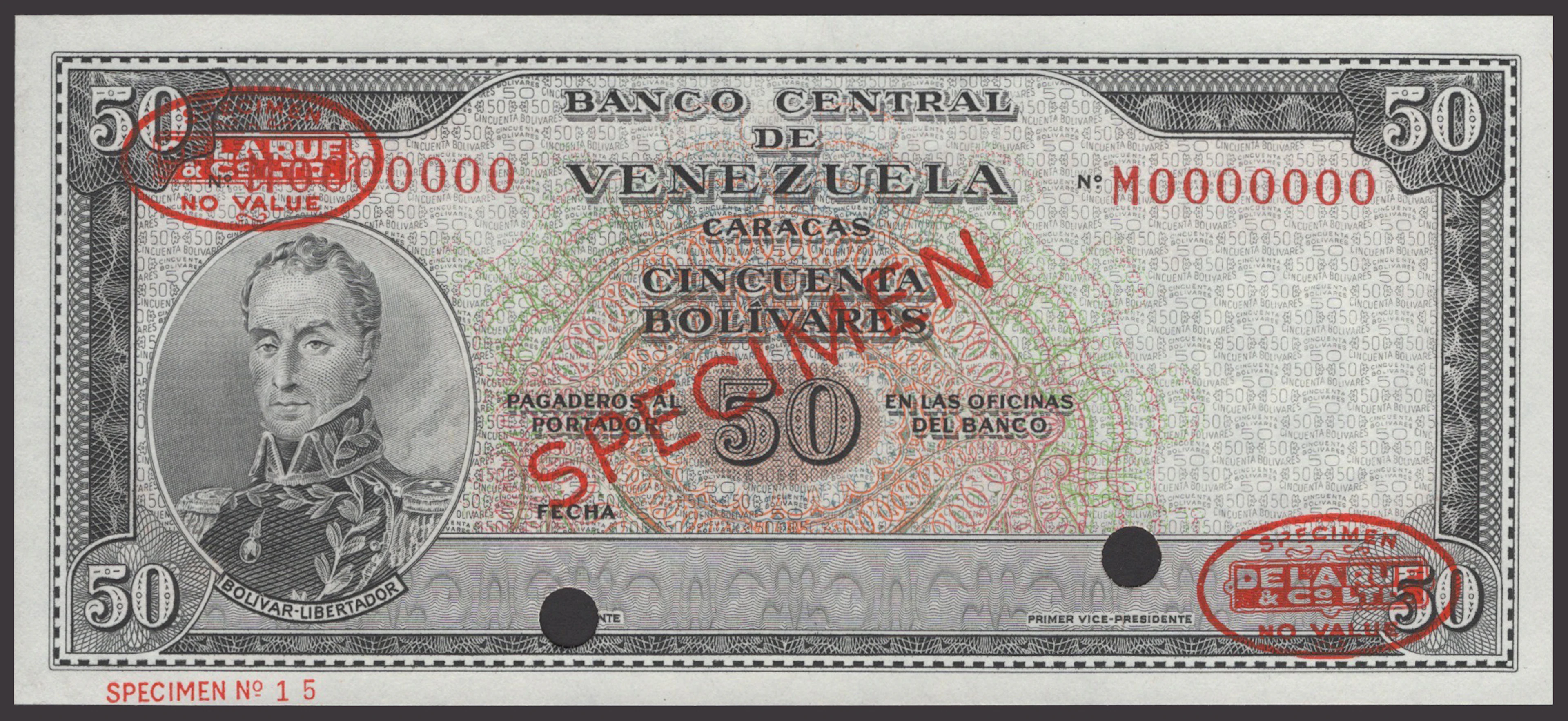 Banco Central de Venezuela, specimen 50 Bolivares, ND (1964-72), serial