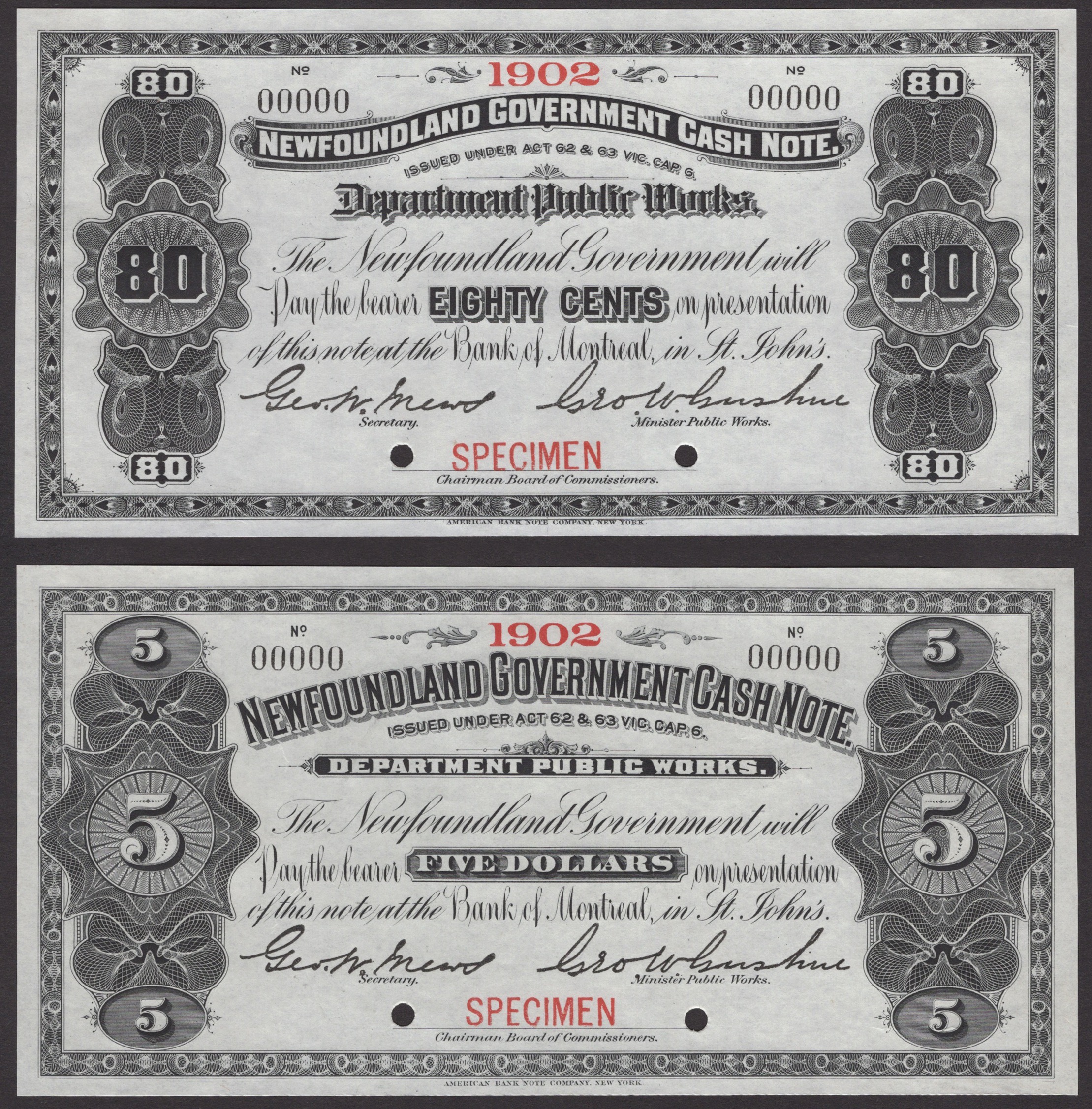 Government of Newfoundland, specimen 40, 50, and 80 Cents, also $5