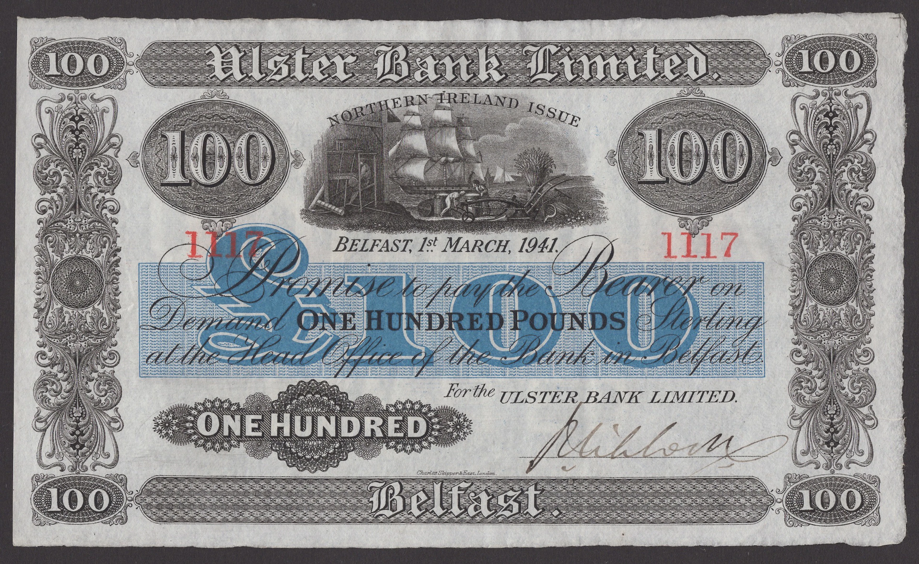 Ulster Bank Limited, £100, 1 March 1941, serial number 1117, manuscript