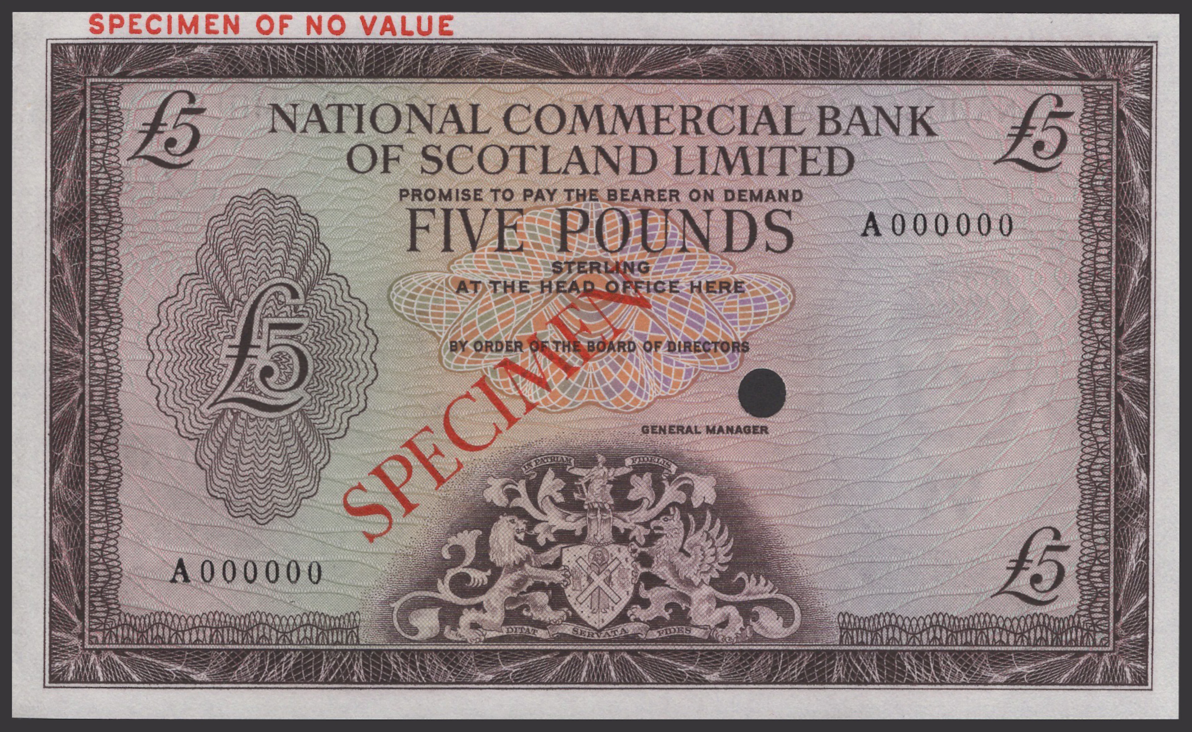 National Commercial Bank of Scotland Limited, colour trial £5, ND