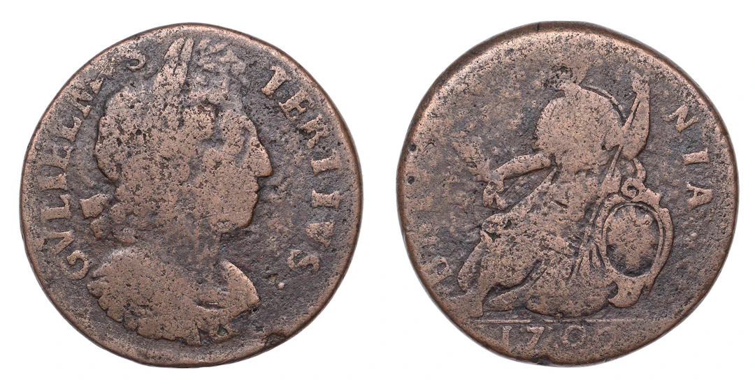 William III (1694-1702), Contemporary counterfeit Halfpenny, 1700