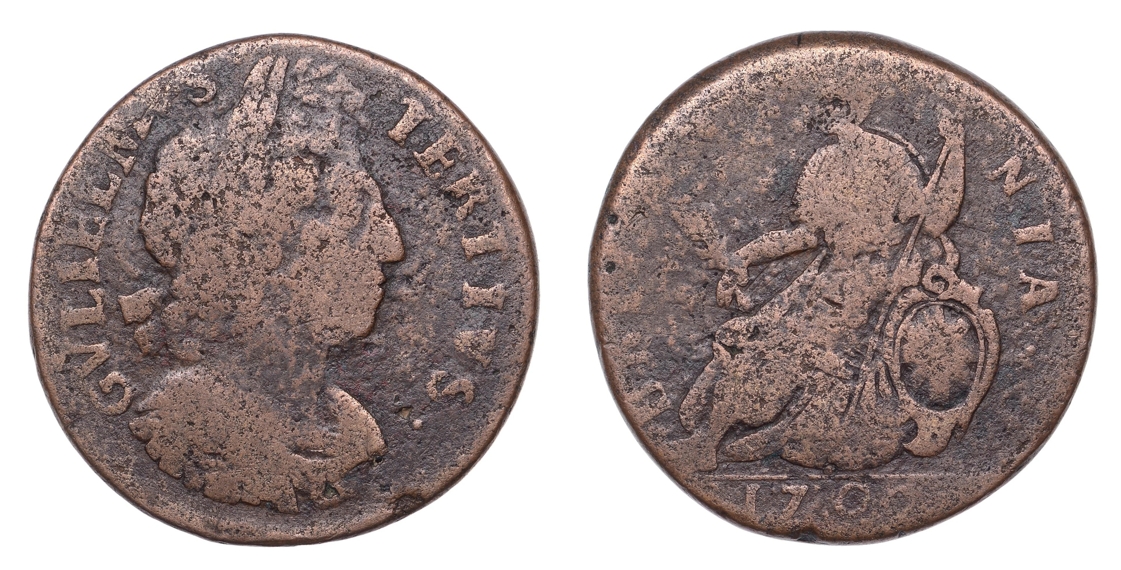 William III (1694-1702), Contemporary counterfeit Halfpenny, 1700