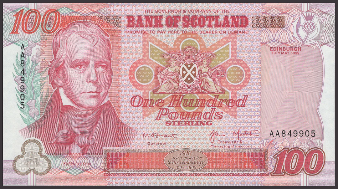 Bank of Scotland, £100, 19 May 1999, serial number AA849905, Grant