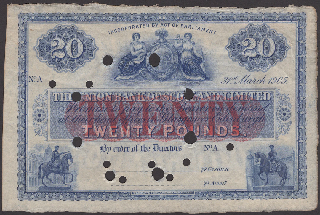 Union Bank of Scotland, specimen £20, 31 March 1905, prefix A, sixteen