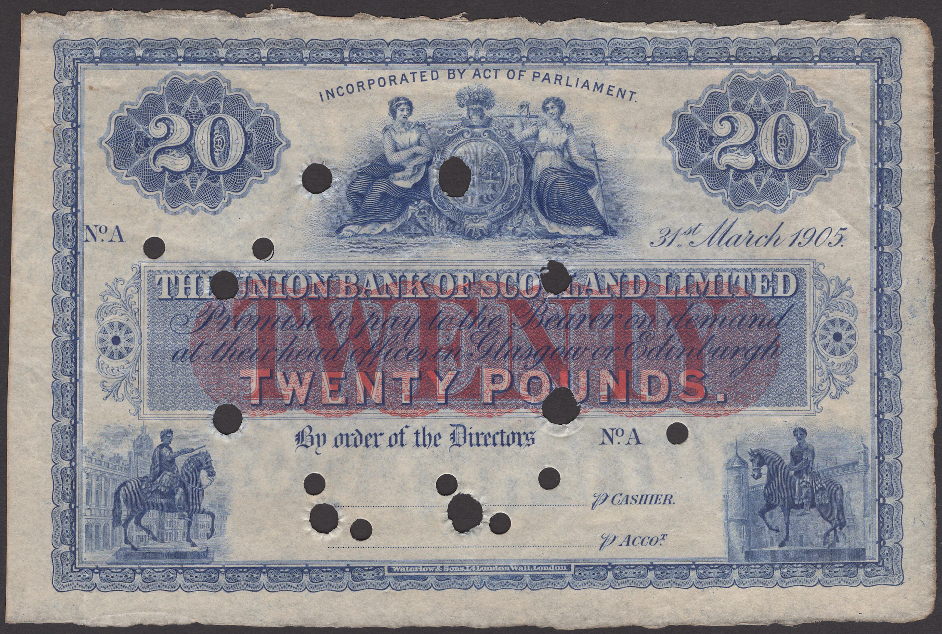 Union Bank of Scotland, specimen £20, 31 March 1905, prefix A, sixteen
