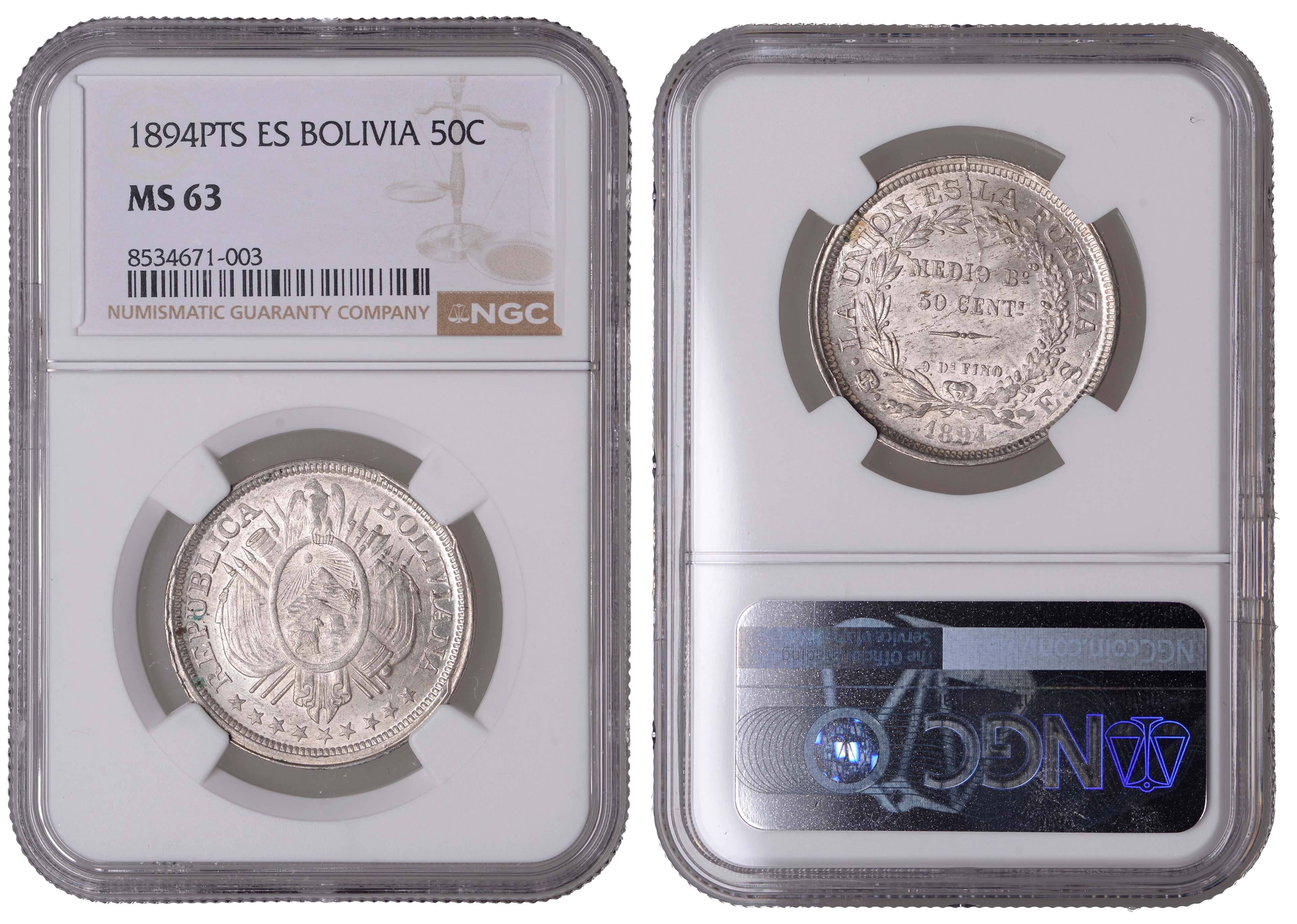 Bolivia, Republic, 50 Centavos, 1894pts es, Potosi (KM 161). Lustrous