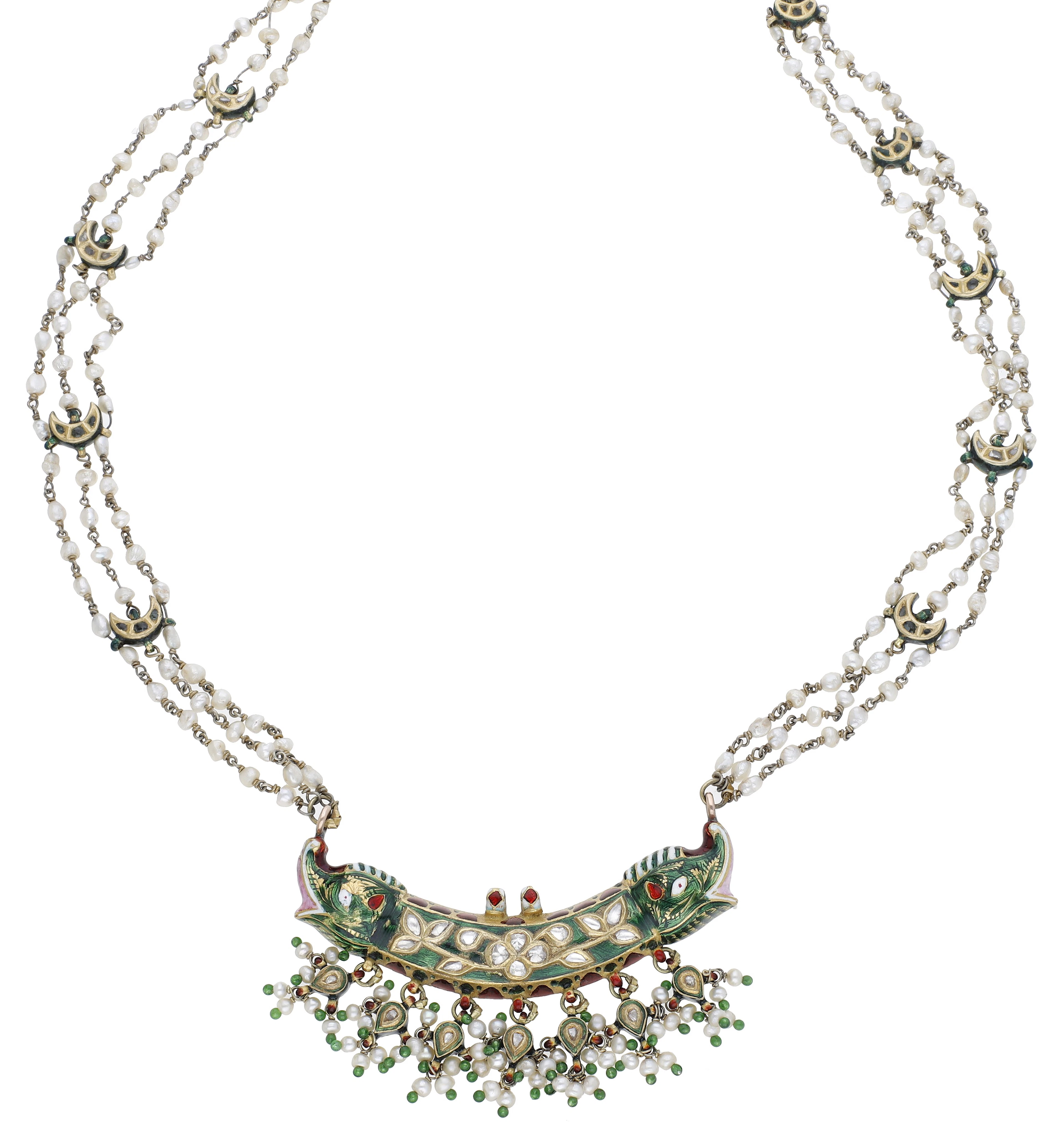 An Indian enamel, diamond and pearl necklace, 19th century, the arched