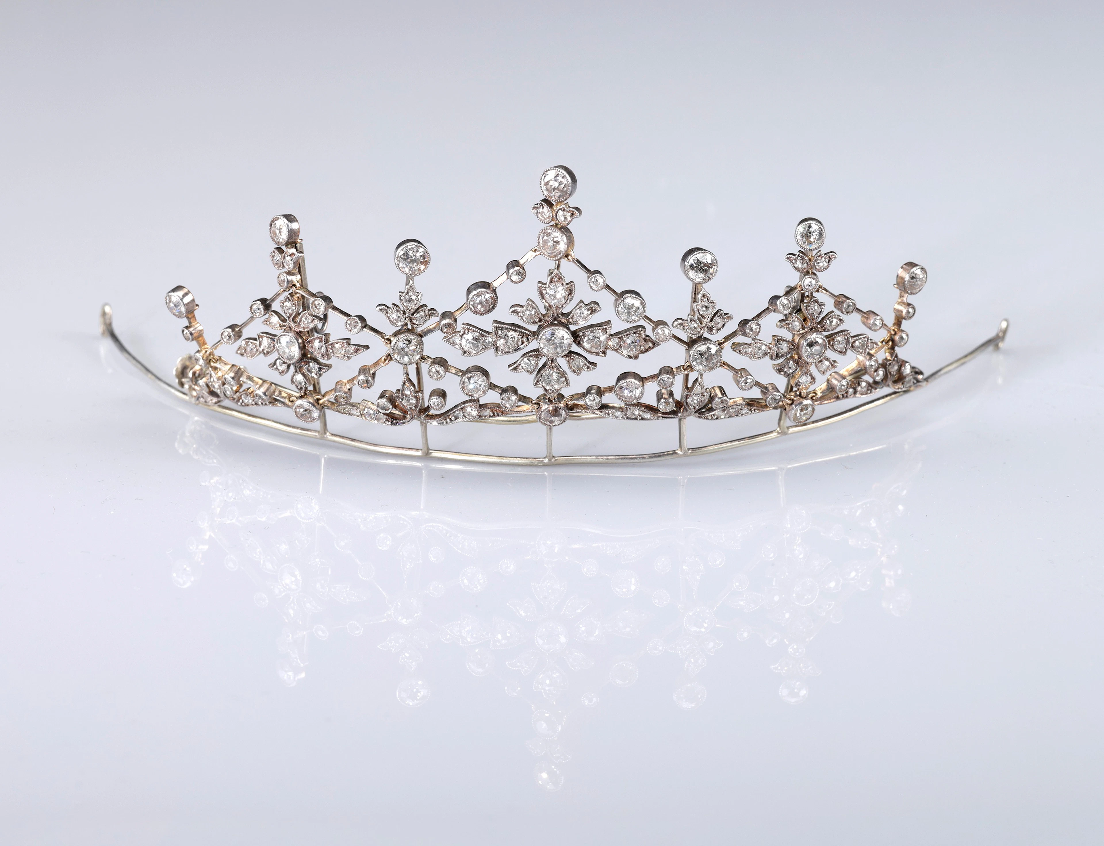 A diamond tiara, circa 1890, of tiered foliate design with knifewire