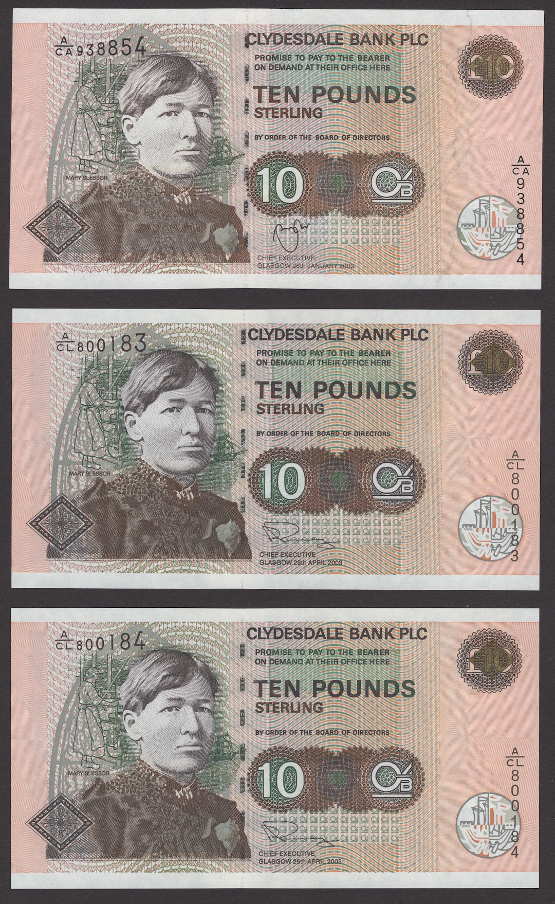 Clydesdale Bank PLC, £10 (6), 26 January 2003, serial number A/CA