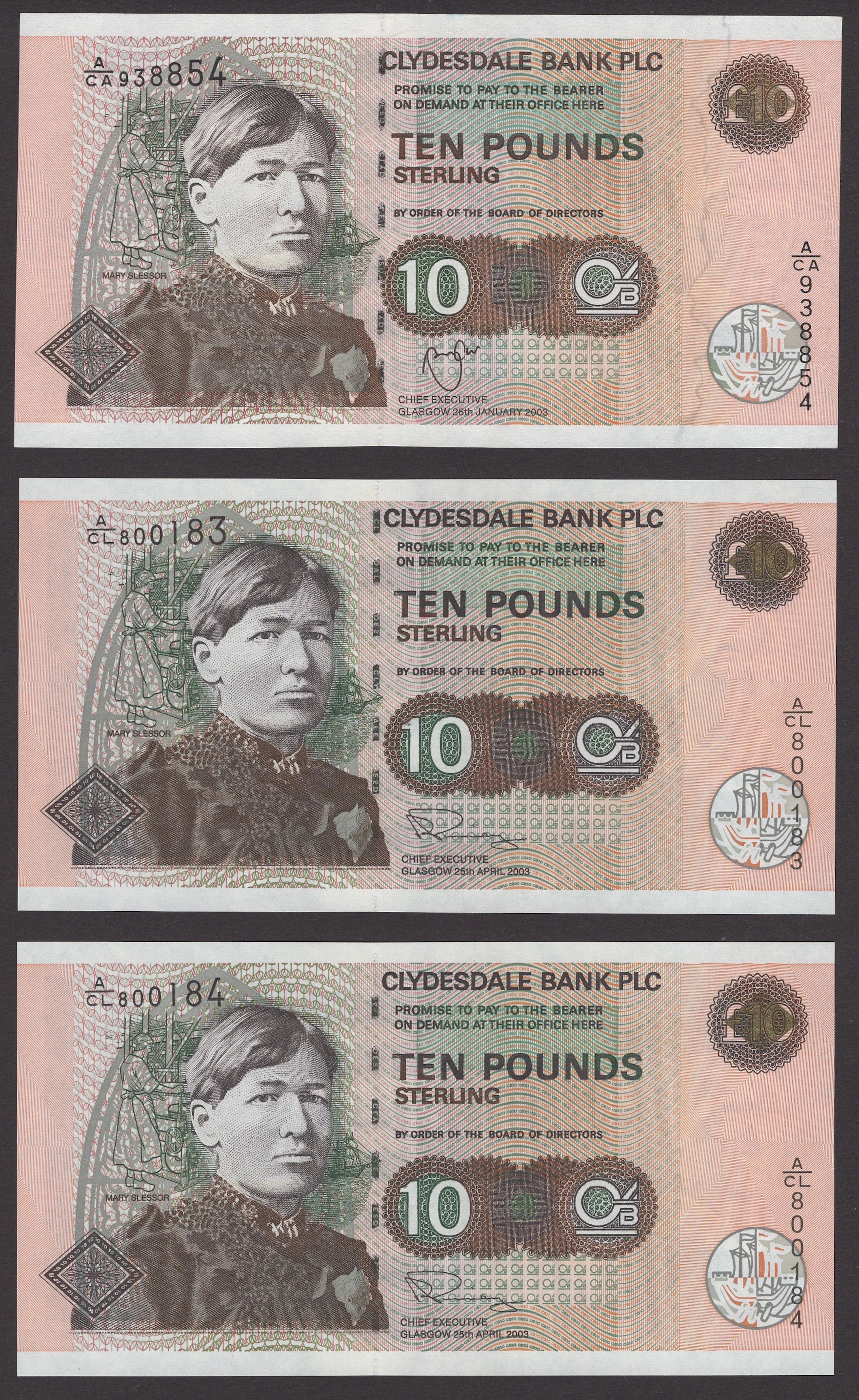 Clydesdale Bank PLC, £10 (6), 26 January 2003, serial number A/CA