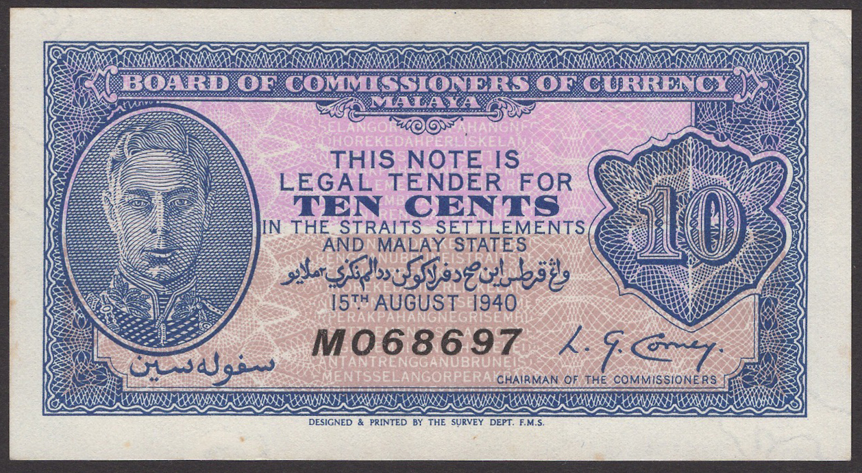 Board of Commissioners of Currency Malaya, 10 Cents, 15 August 1940