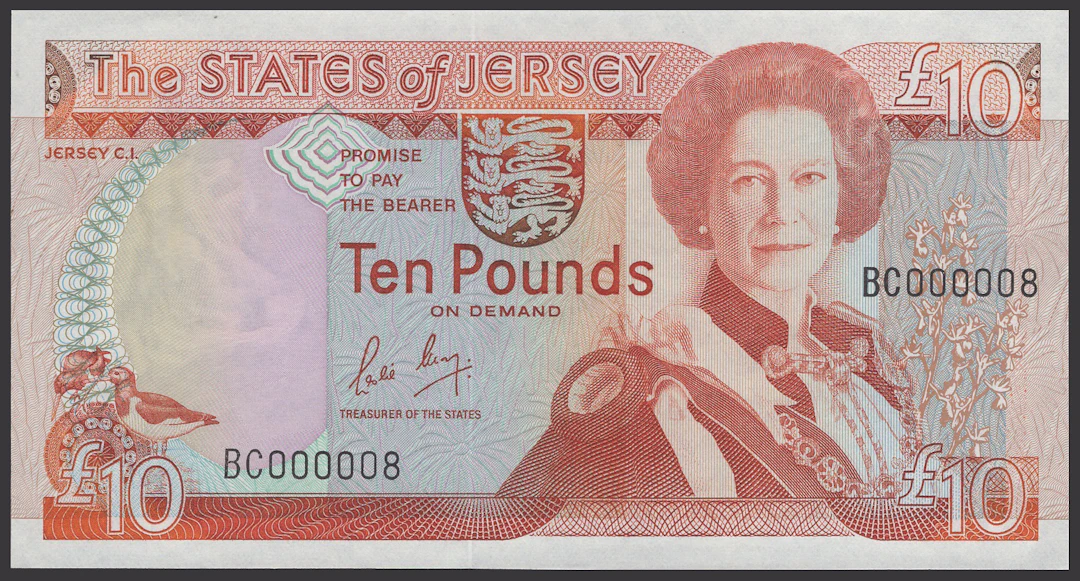 States of Jersey, £10, 1989, serial number BC000008, May signature