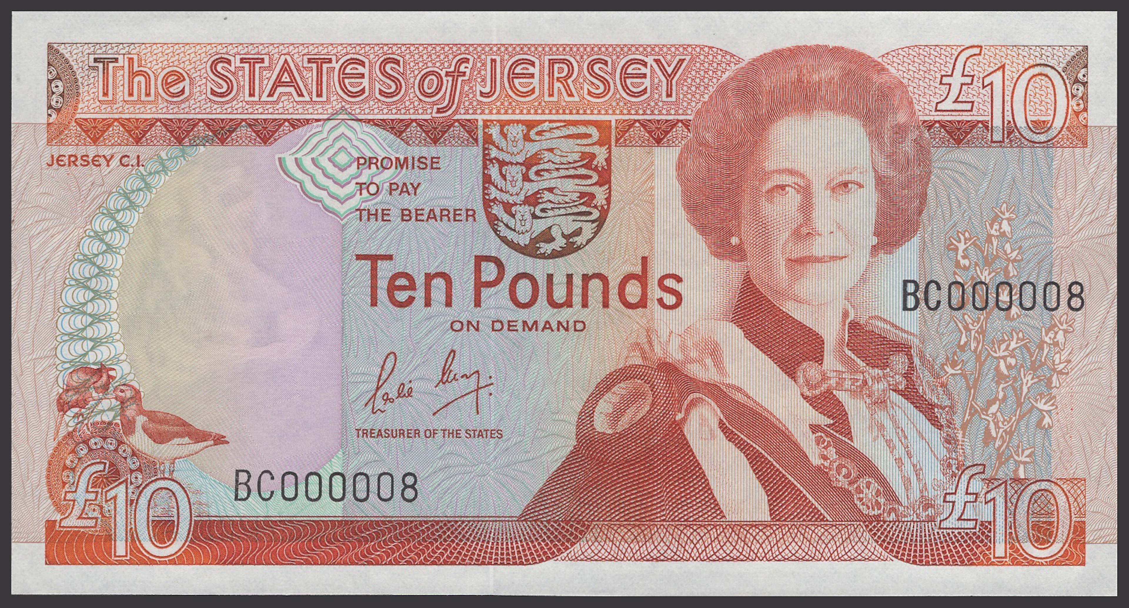 States of Jersey, £10, 1989, serial number BC000008, May signature