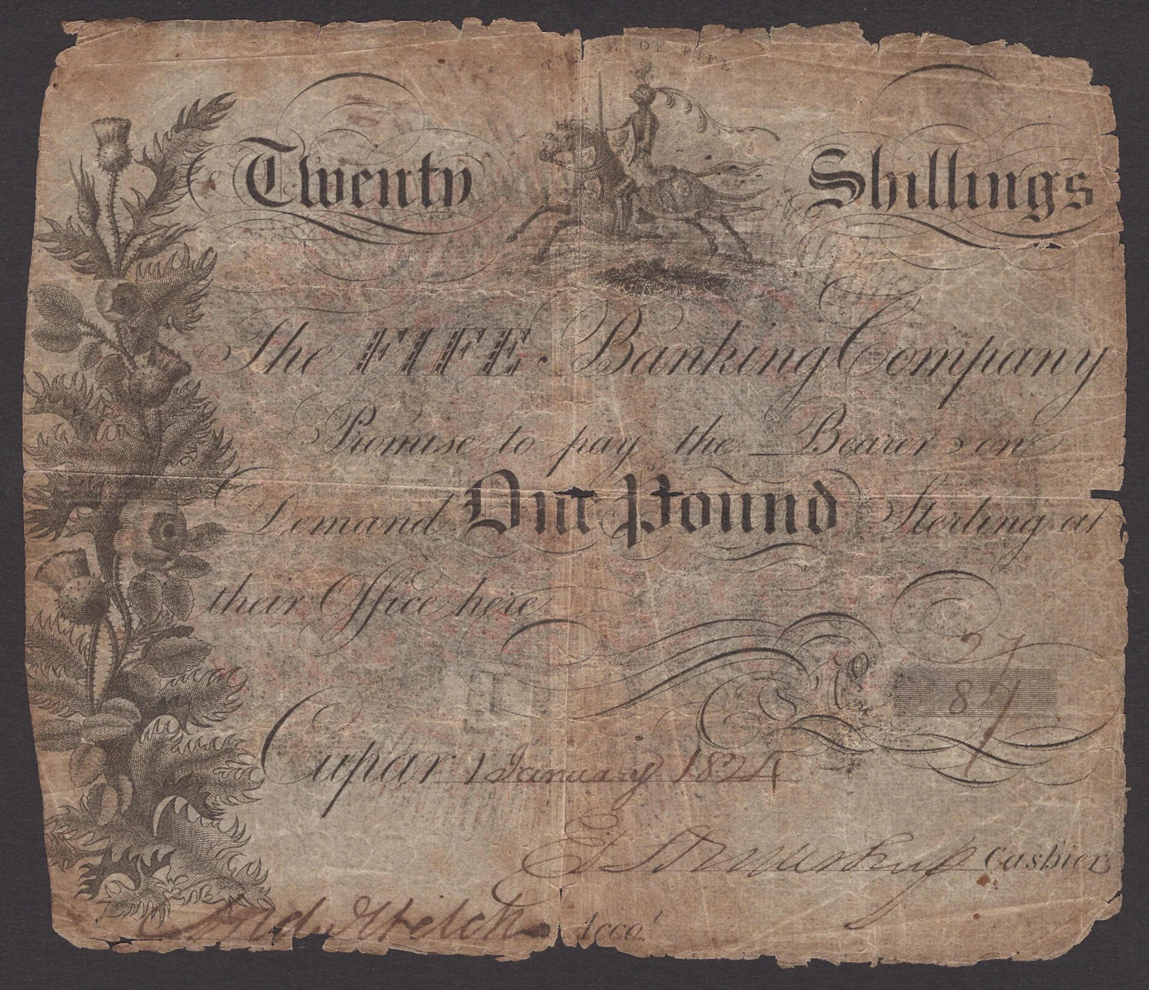 Fife Banking Company, £1, Cupar, 1 January 1824, serial number 27/87