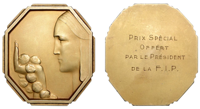 BELGIUM, Femme avec roses, c. 1935, an octagonal uniface Art Déco