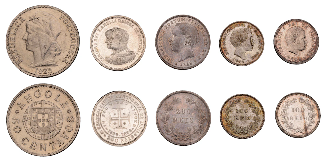Portugal, Pedro V, 100 Reis, 1854, Lisbon (KM 490); Luis I, 200 Reis