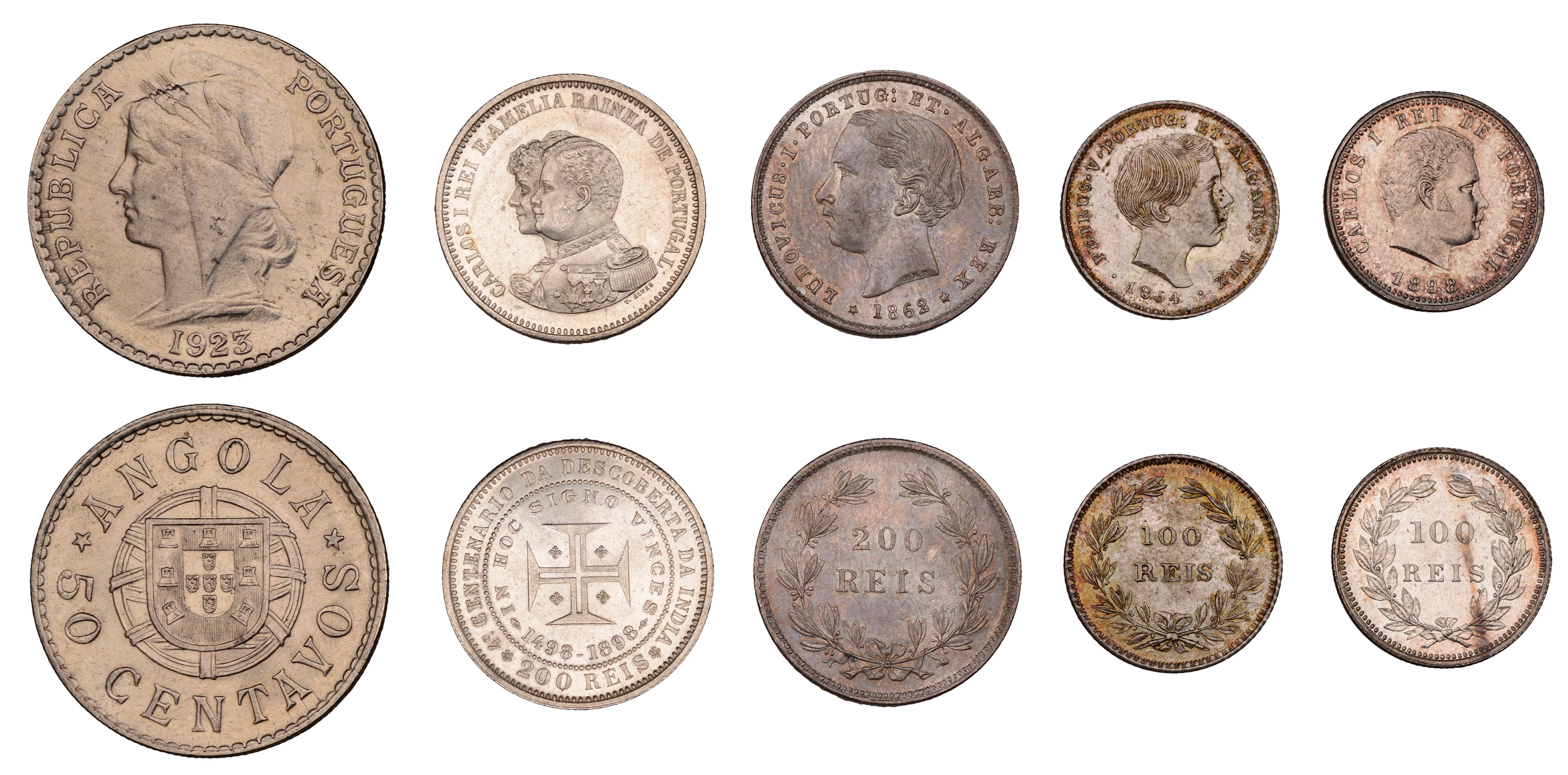 Portugal, Pedro V, 100 Reis, 1854, Lisbon (KM 490); Luis I, 200 Reis