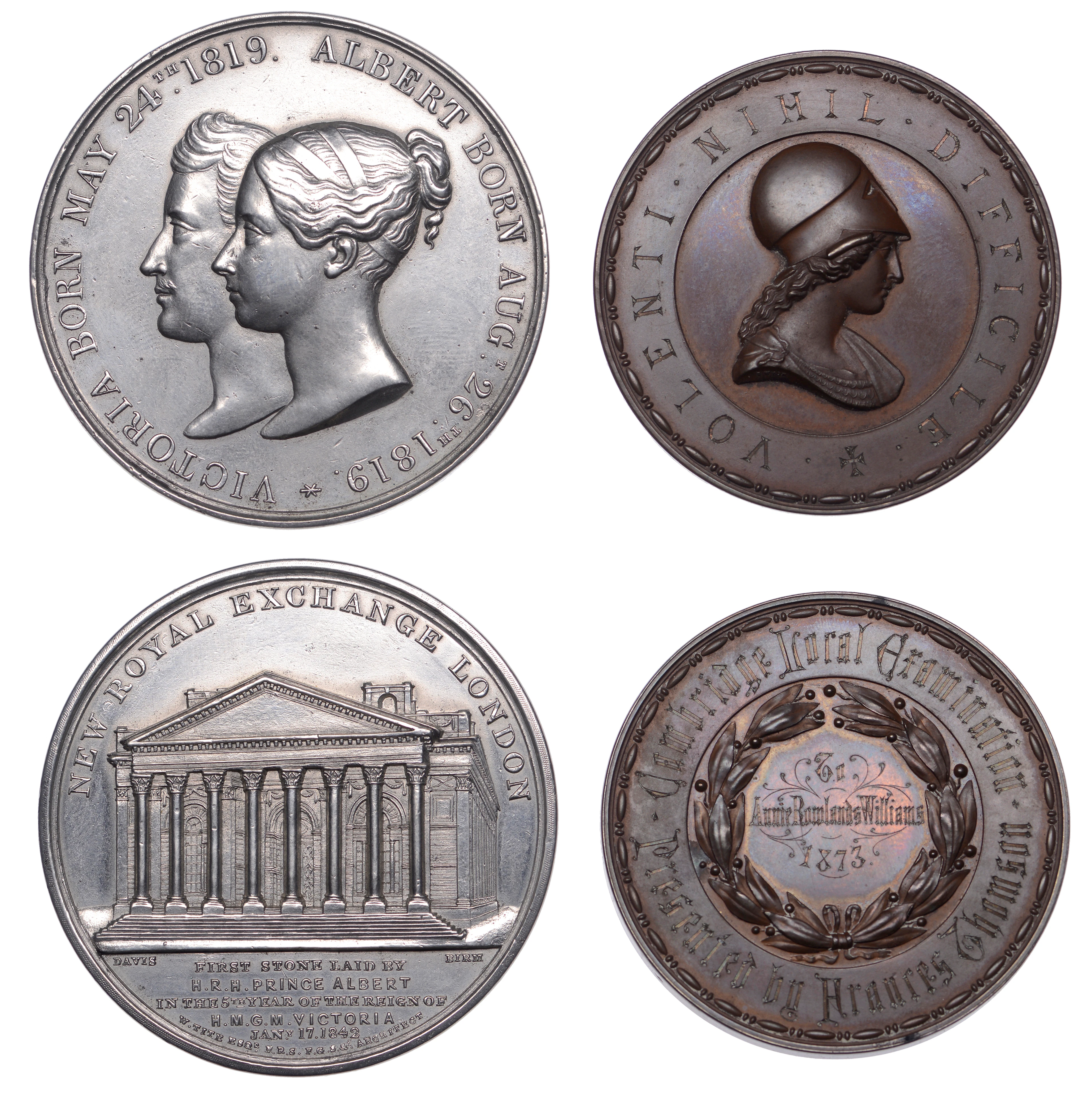 The Royal Exchange, 1842, a tin medal by Davis, conjoined busts of