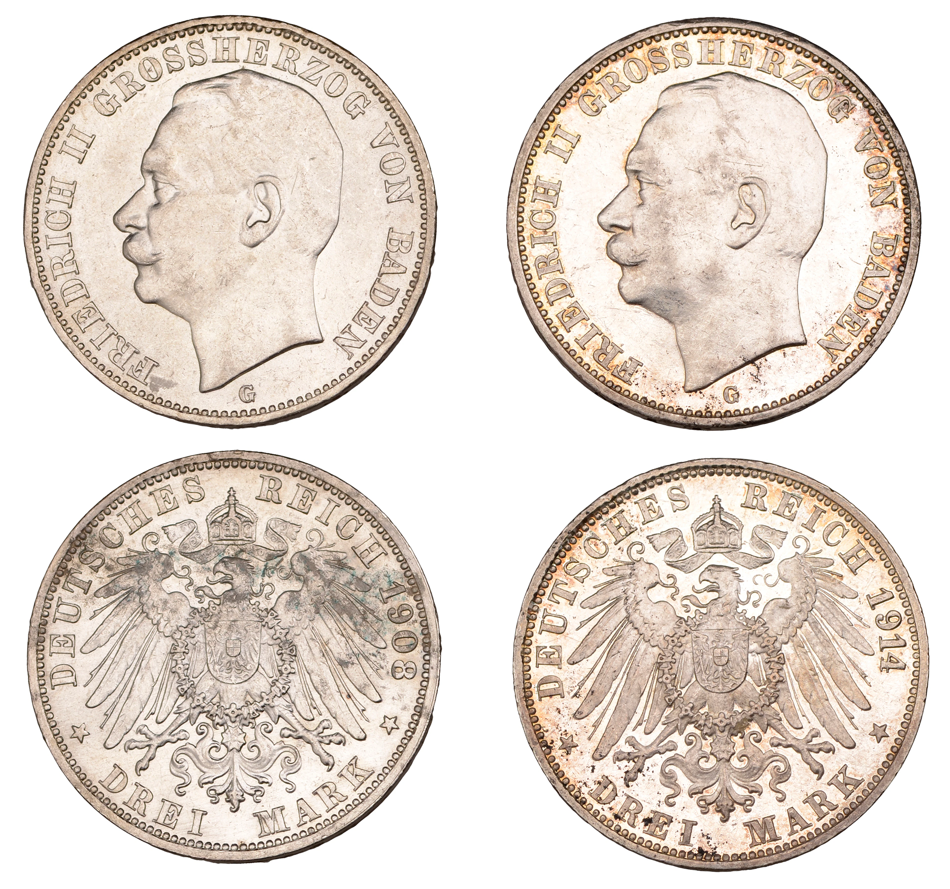 Germany, Baden, Friedrich II, 3 Mark (2), 1908g, 1914g, both Karlsruhe