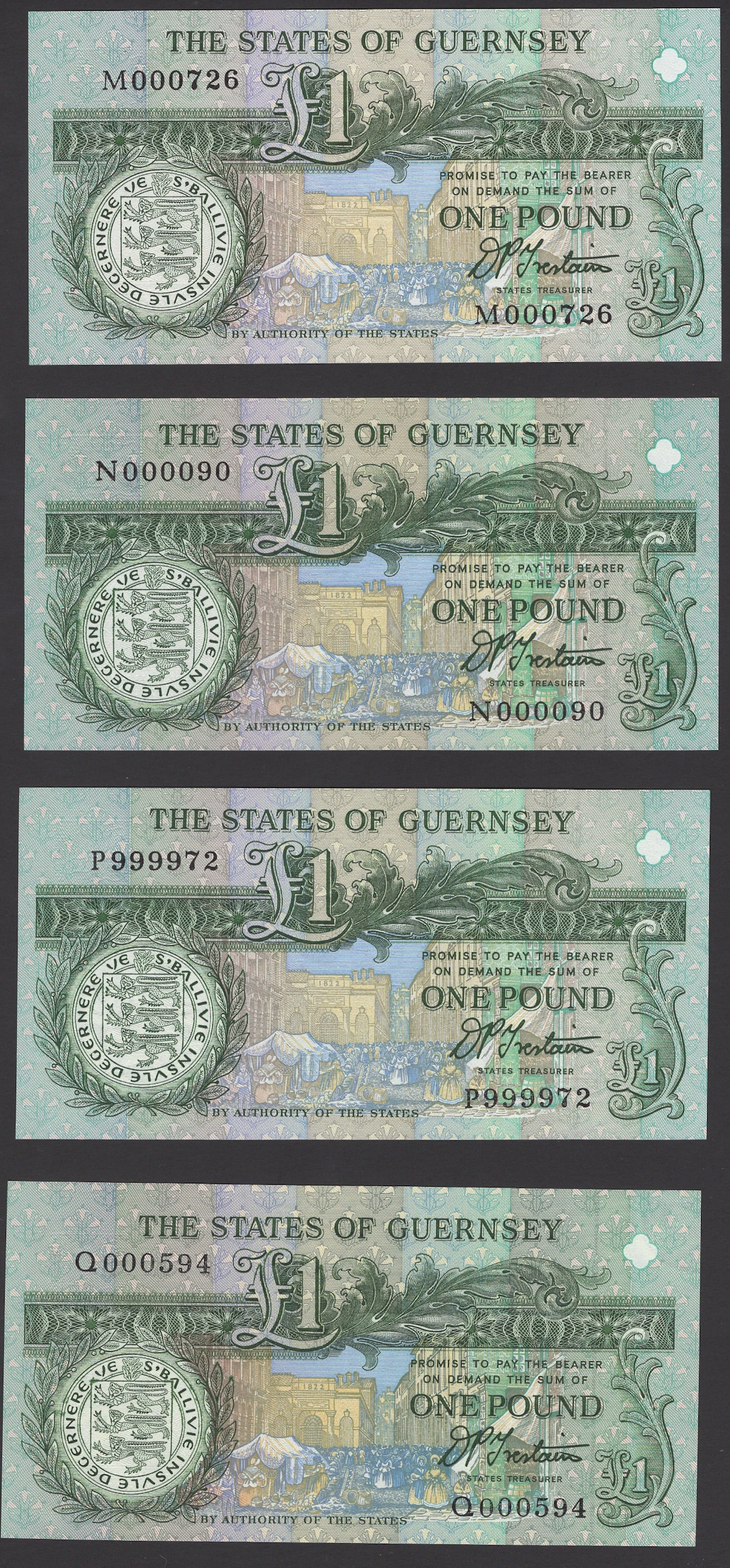 States of Guernsey, £1 (7), ND (1993), serial numbers M000726, N000090