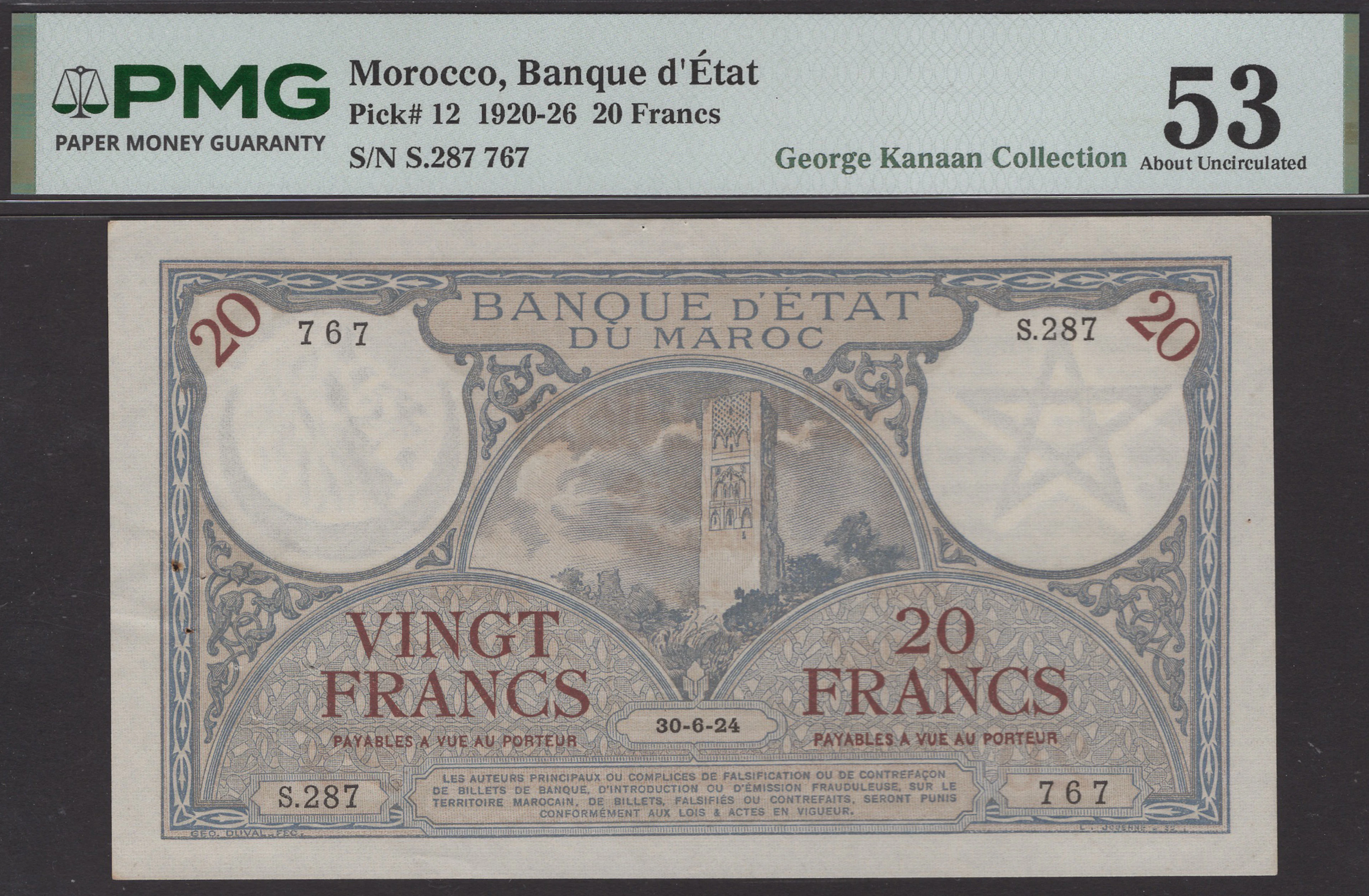 Banque d’Etat du Maroc, 20 Francs, 30 June 1924, serial number S.287
