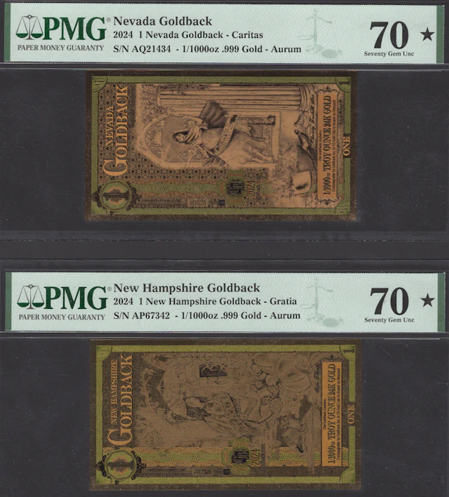 A small set of Goldbacks from several US states, including 1 Nevada