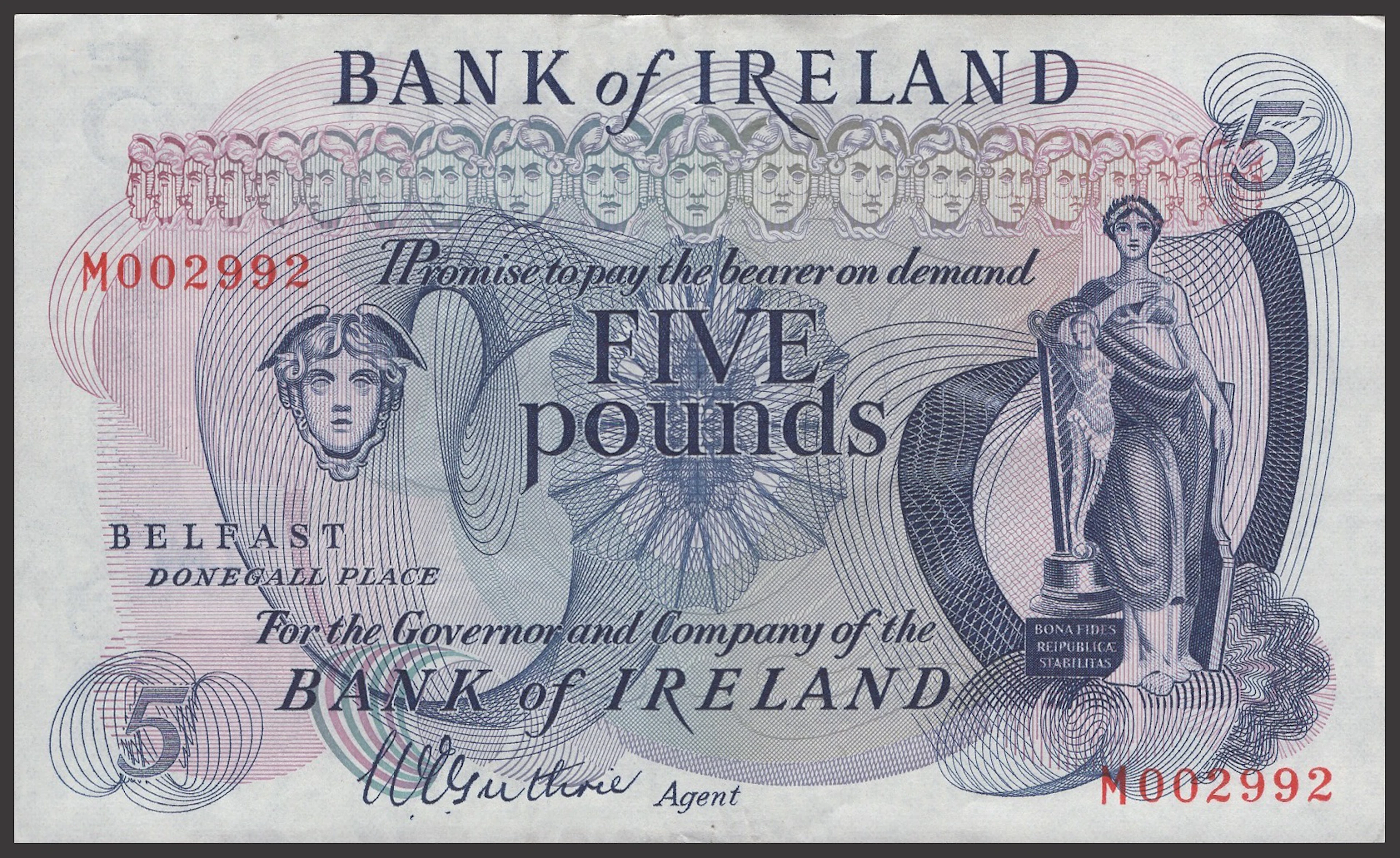 Bank of Ireland, £5, 1967, serial number M002992, Guthrie signature