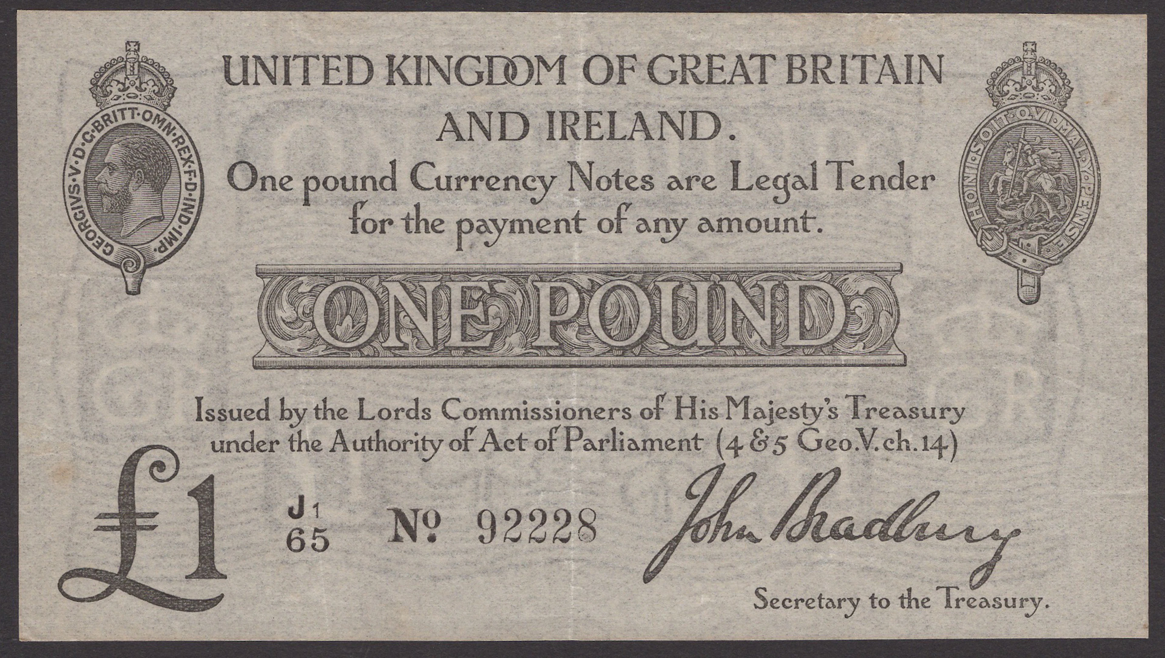 Treasury Series, John Bradbury, £1, 23 October 1914, serial number