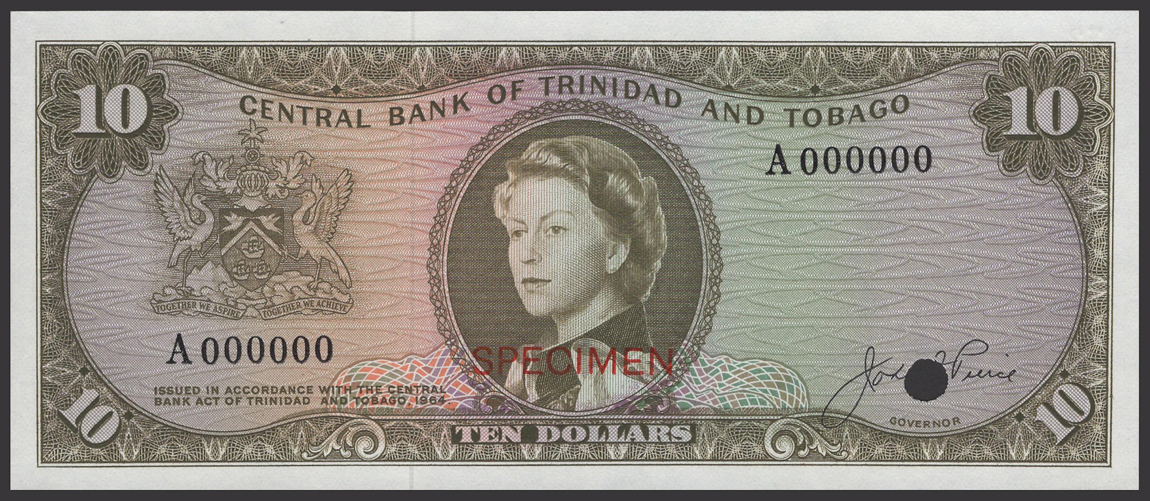 Central Bank of Trinidad and Tobago, colour trial $10, 1964, serial