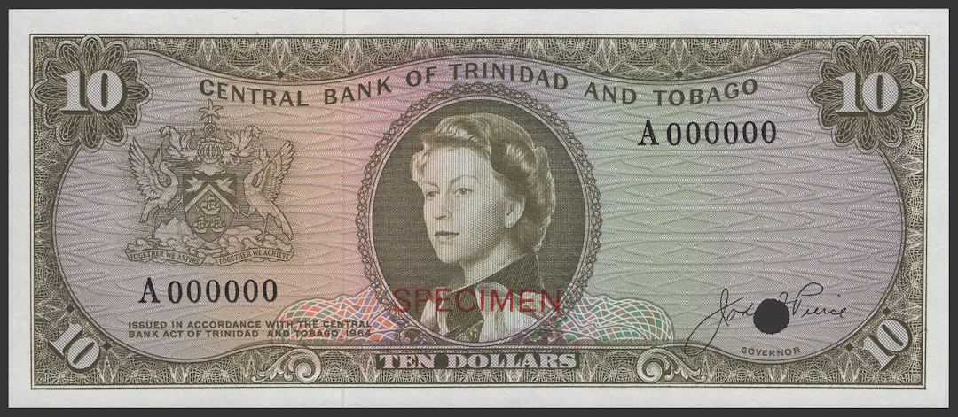 Central Bank of Trinidad and Tobago, colour trial $10, 1964, serial