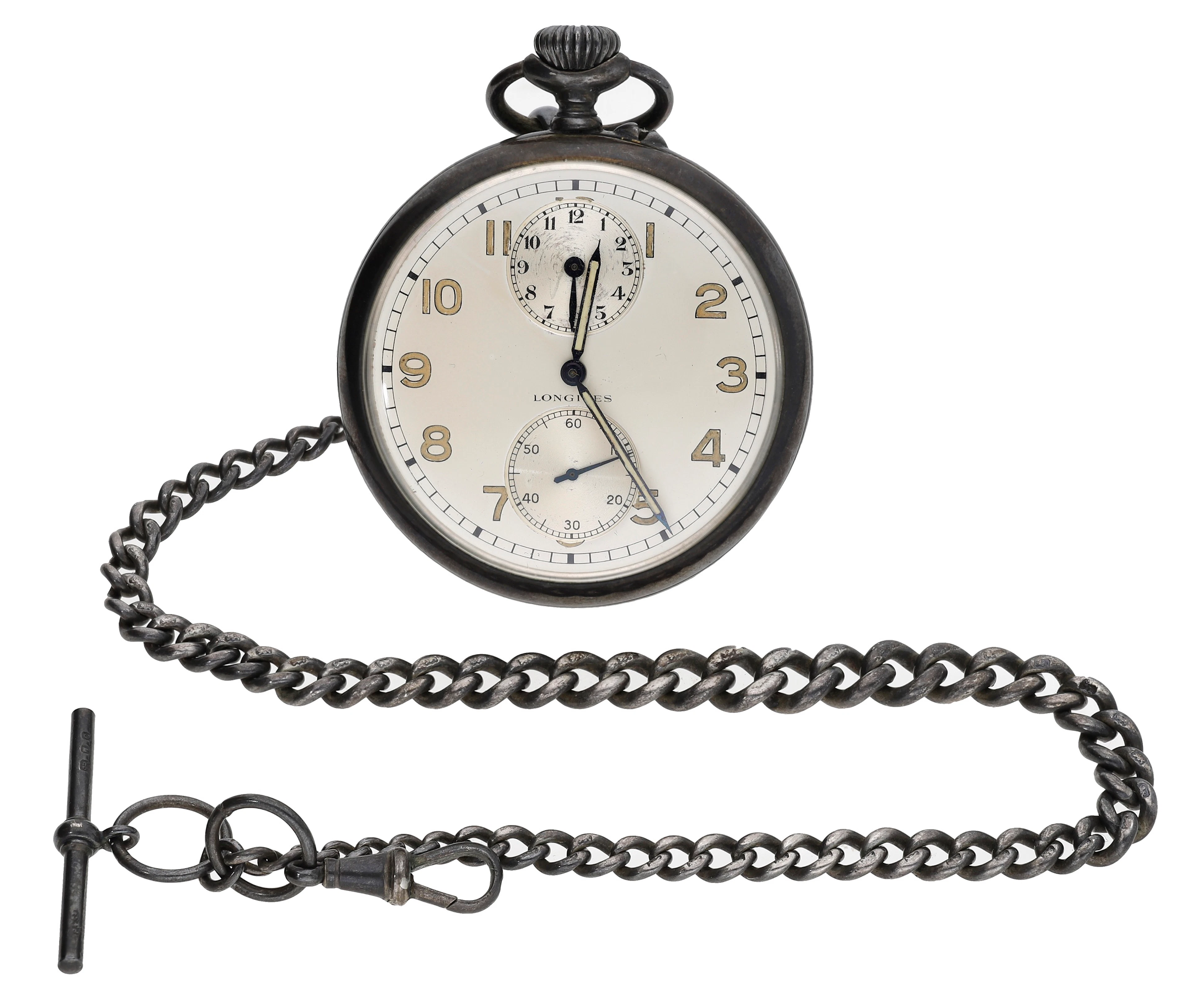 Longines. A silver open-faced keyless watch with alarm, circa 1928.