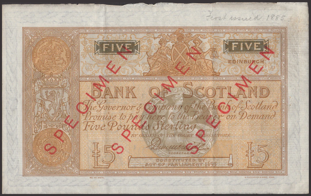 Bank of Scotland, specimen £5, ND (1894-1910), no serial number, McNeill