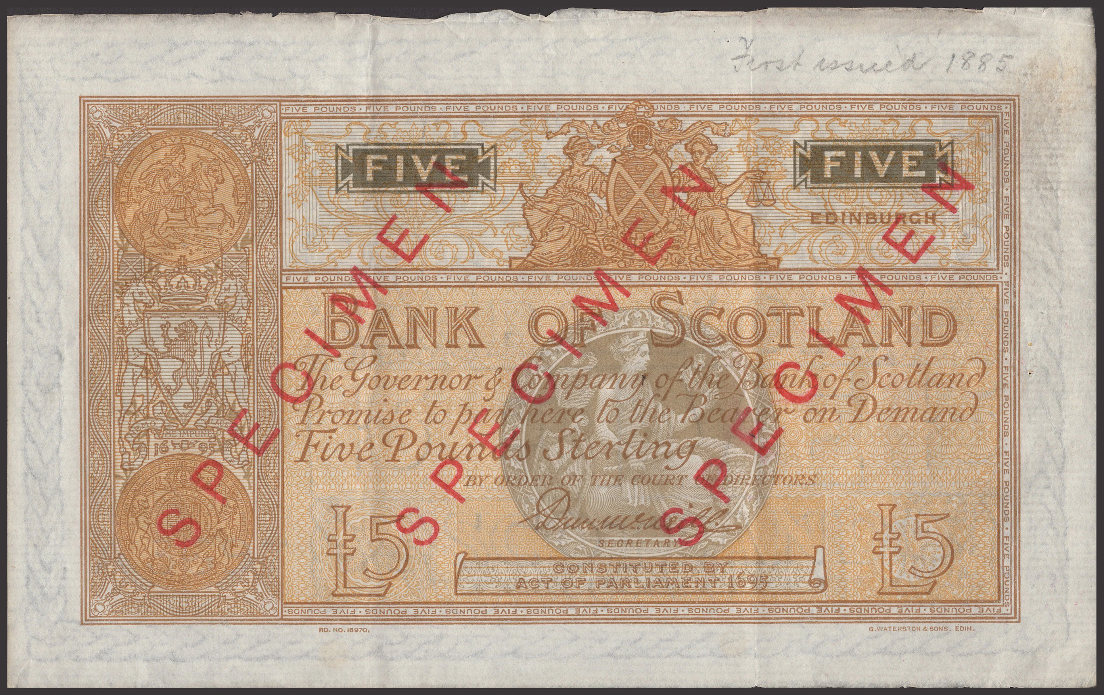 Bank of Scotland, specimen £5, ND (1894-1910), no serial number, McNeill