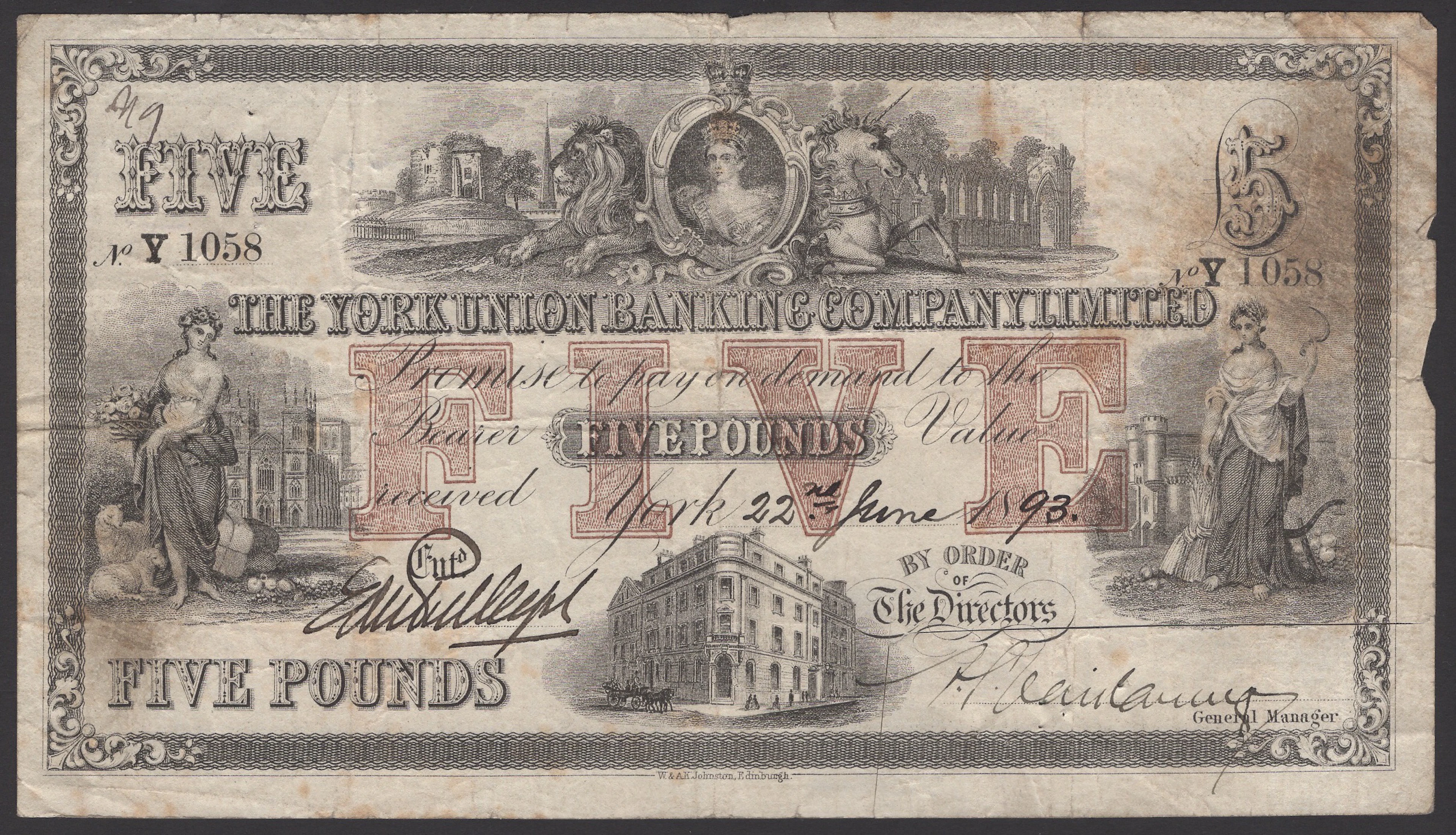 York Union Banking Company, £5, York, 22 June 1893, serial number