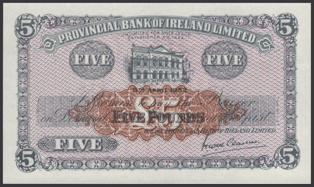 Provincial Bank of Ireland Ltd, proof £5, 5 April 1952, no serial