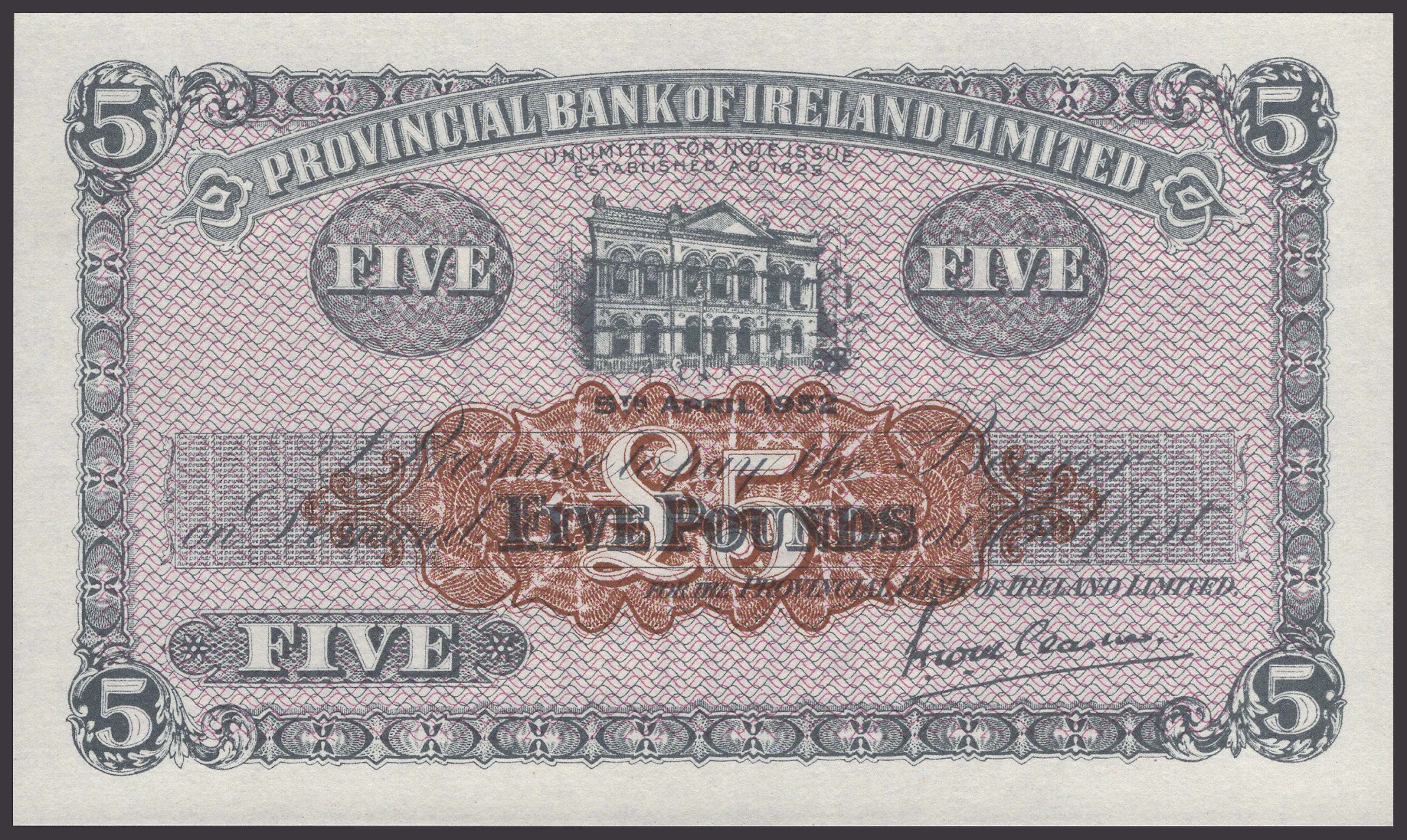 Provincial Bank of Ireland Ltd, proof £5, 5 April 1952, no serial